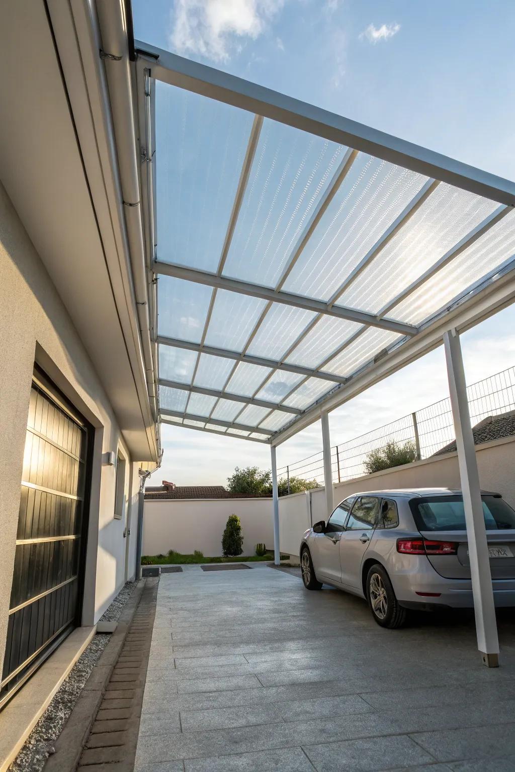 A carport with a transparent roof allows natural light while ensuring protection.