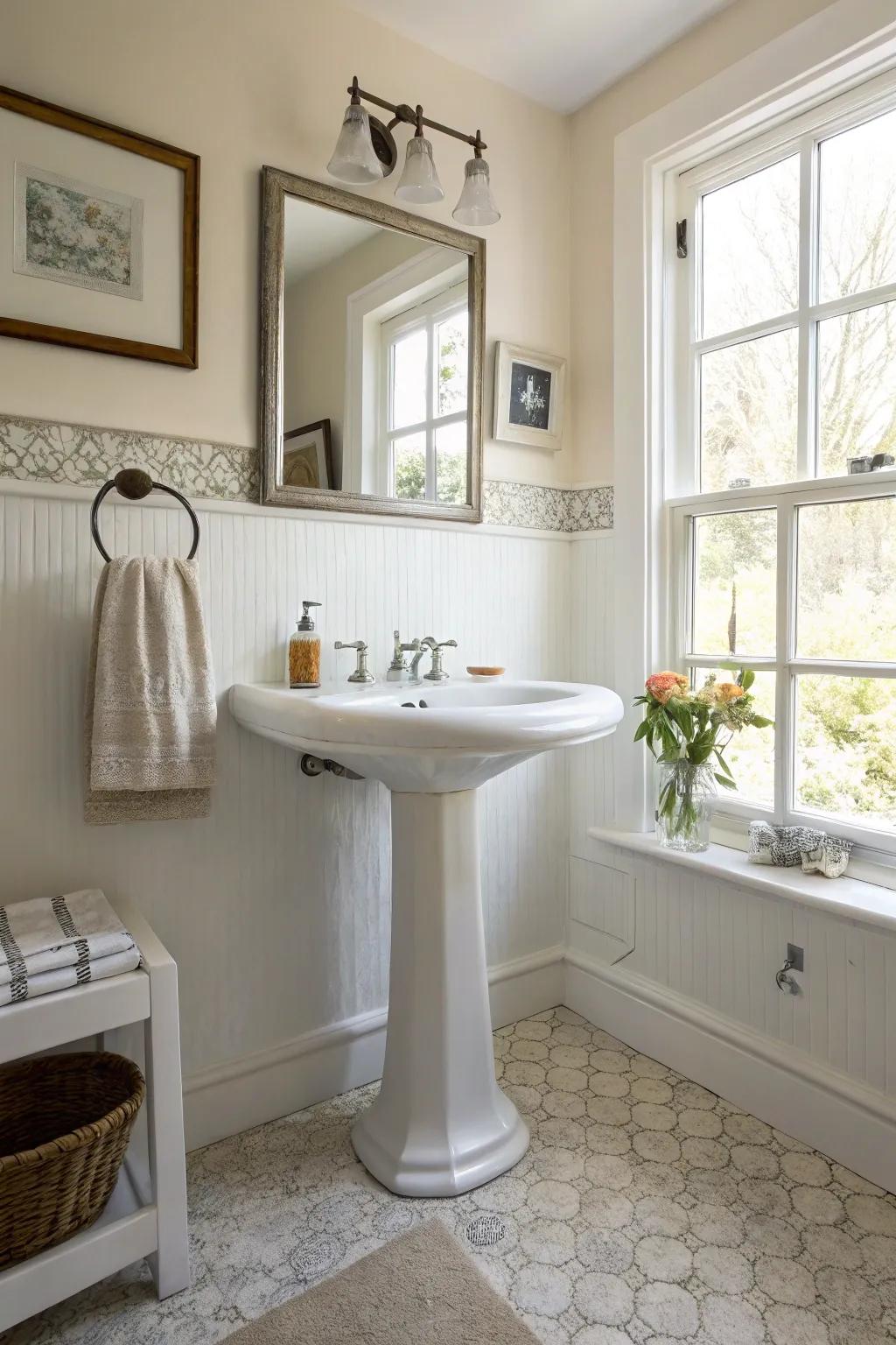 A pedestal sink combines space-saving design with elegant simplicity.