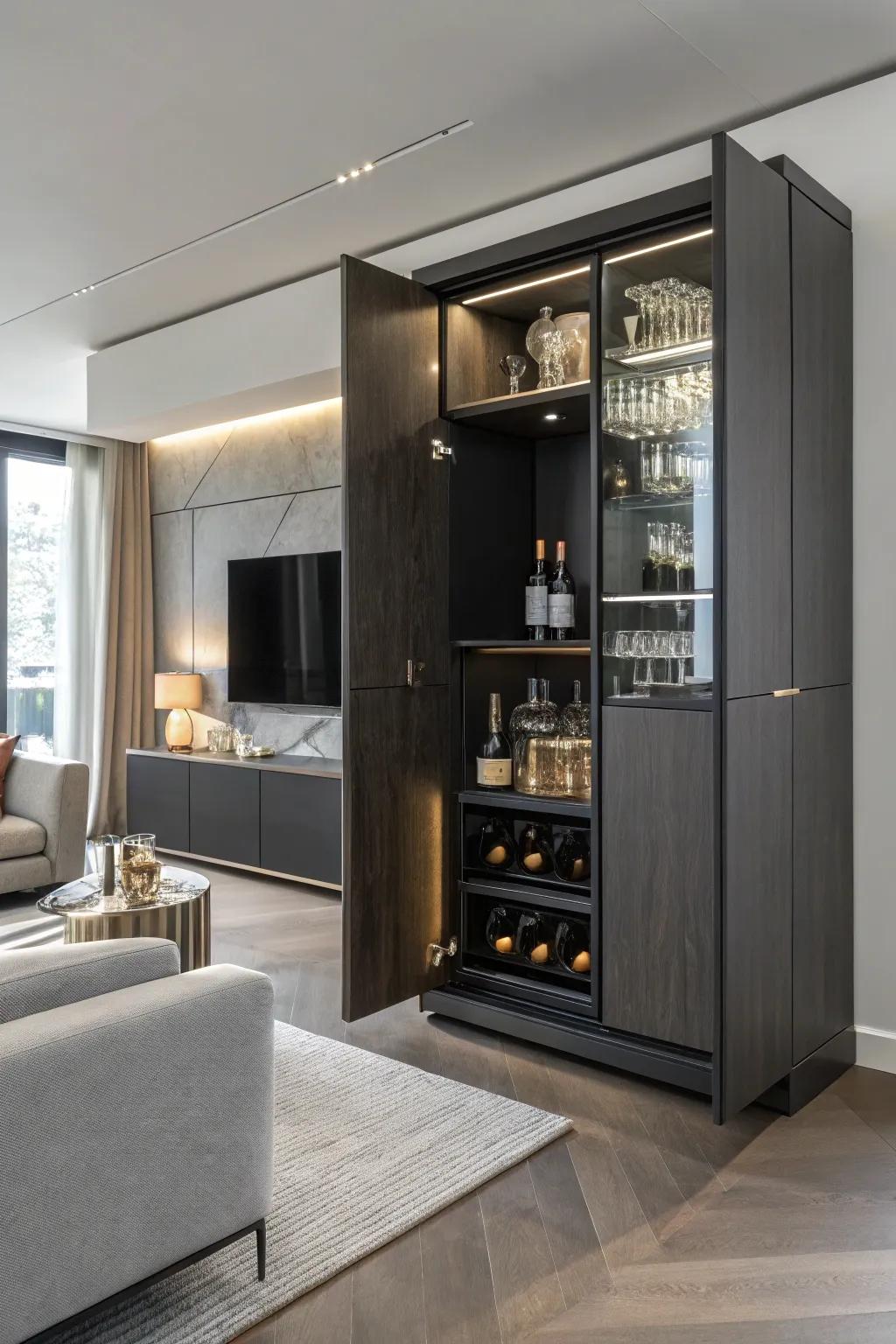 A concealed bar provides a polished and surprising feature to any given chamber.