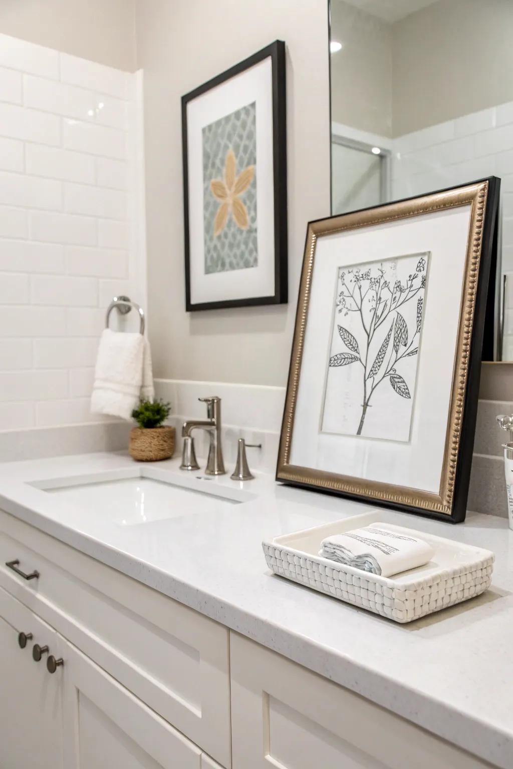 Simple art adds a personalized touch to the bathroom's decor.