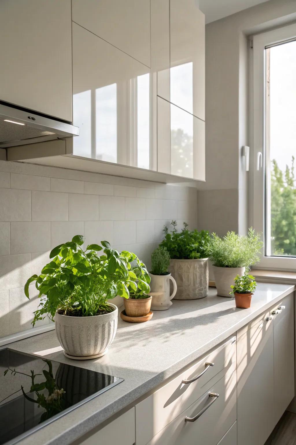 Flora adding a refreshing touch to a minimalist kitchen.