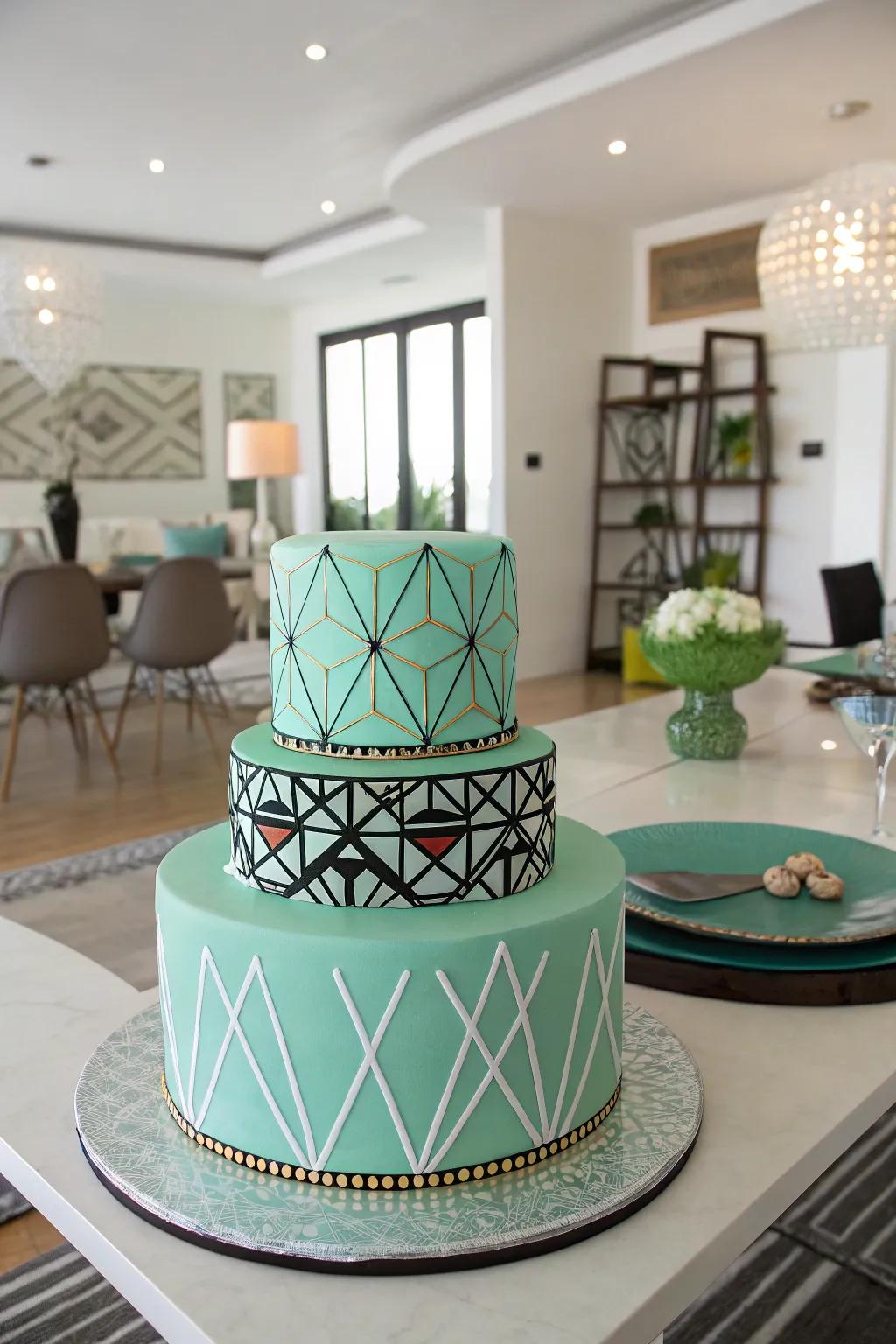 A mint green cake featuring current geometric patterns.