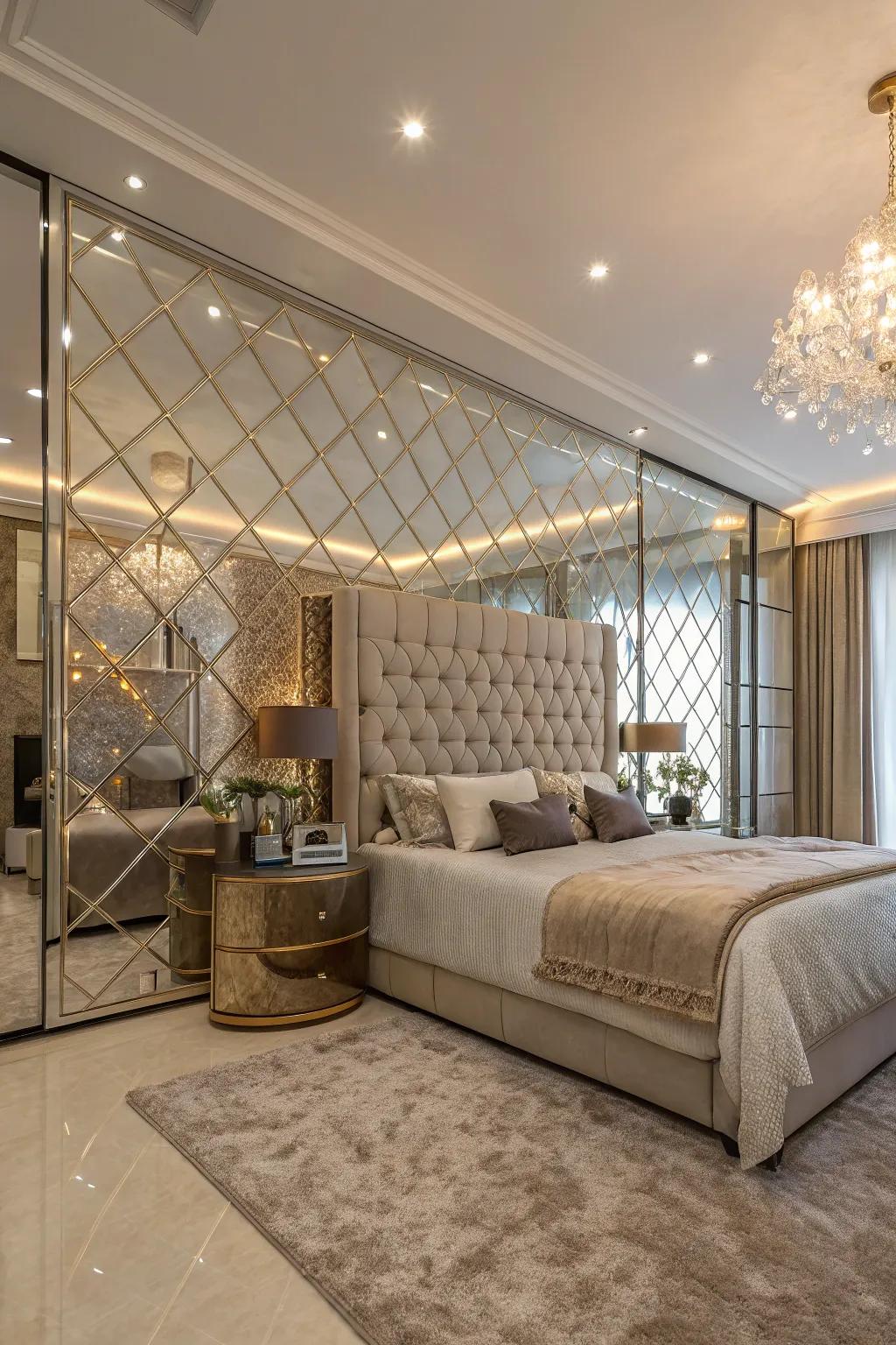 Reflective tiles on an accent wall incorporate luxury and reflect illumination exquisitely.