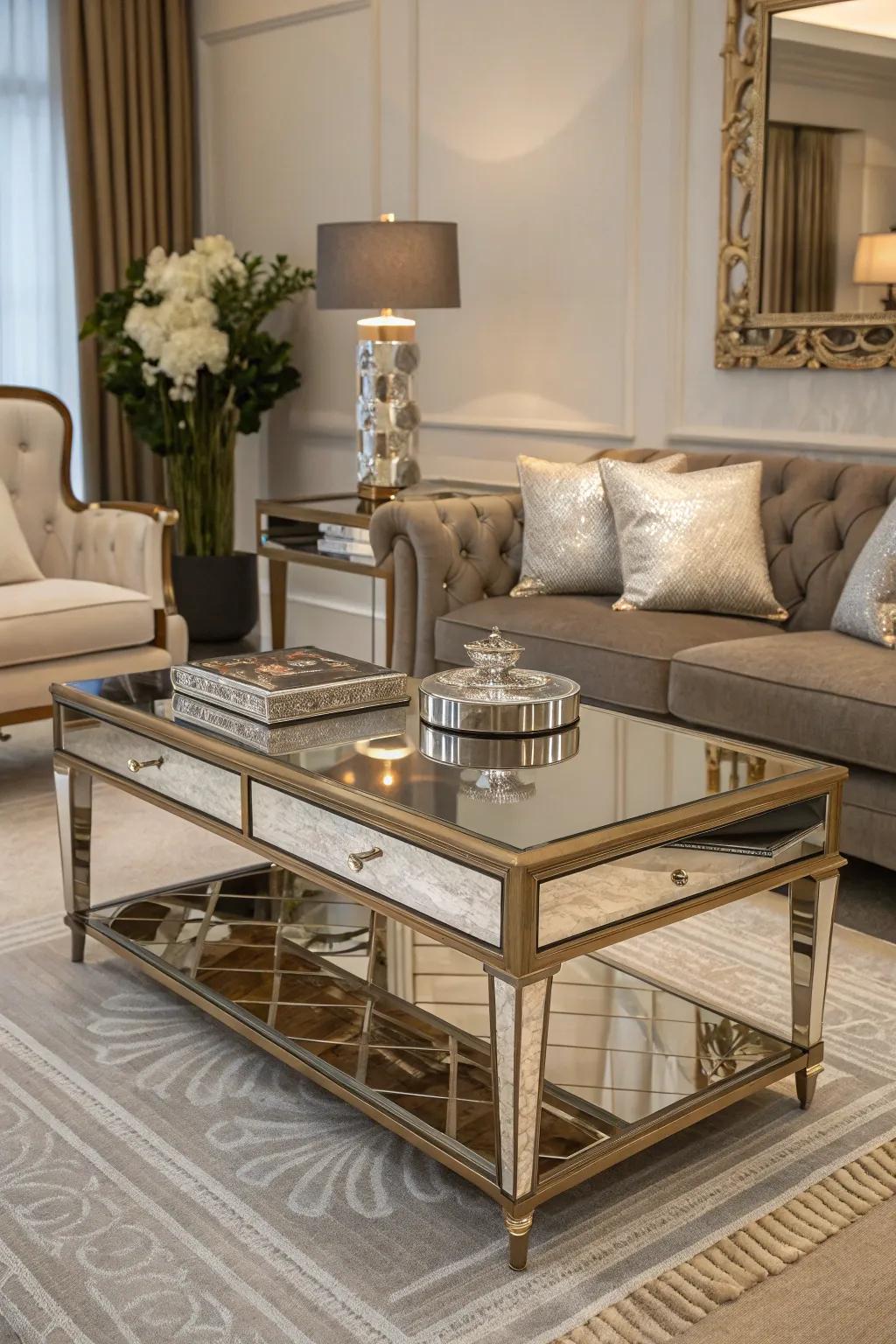 Mirrored furniture enriches light and glamour in the room.