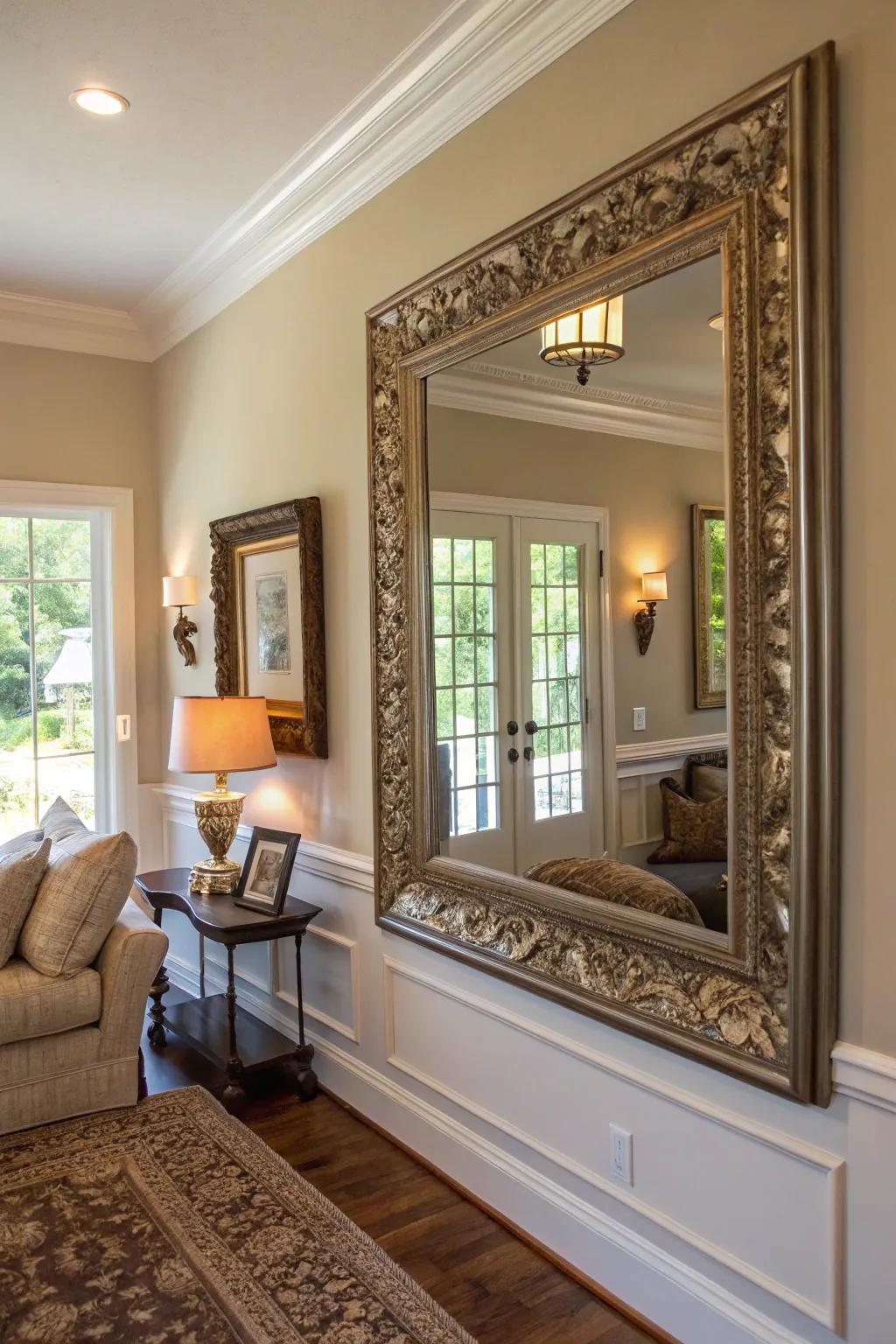 Mirrors showcasing artistic frames can serve as focal points within any given room.