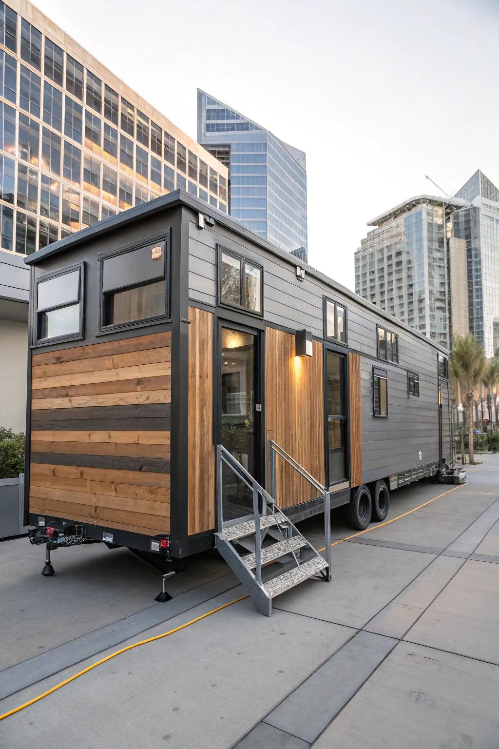 Mixed wood and metal skirting creates a contemporary and industrial look.