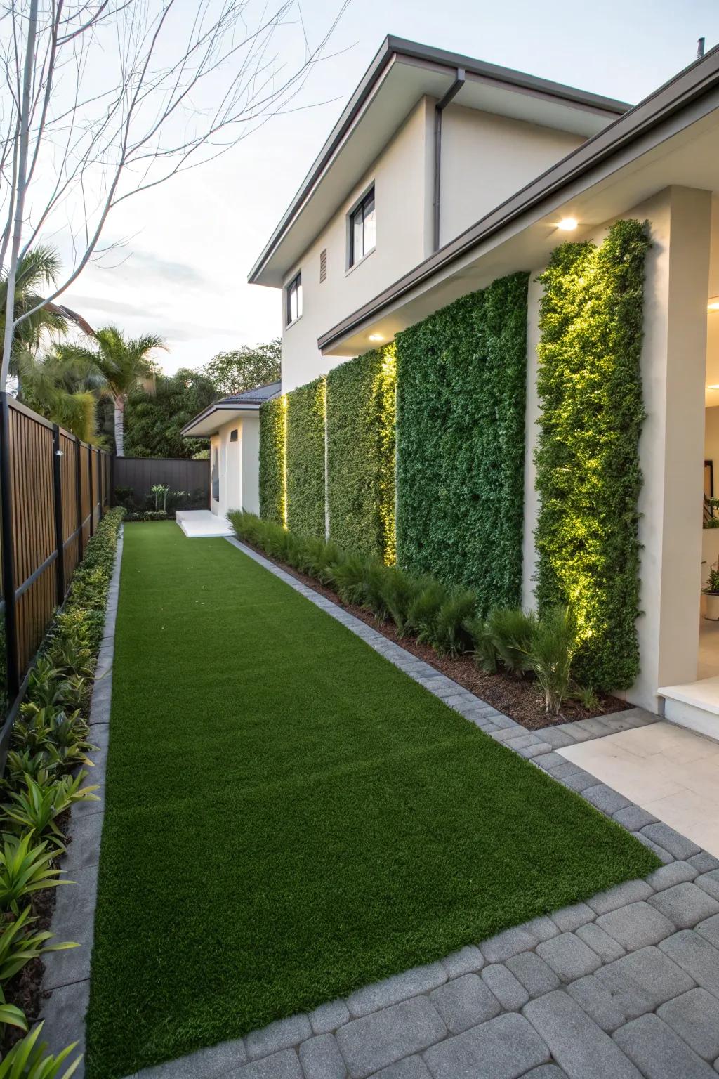 Vertical green walls add depth and vibrancy to the artificial grass setting.