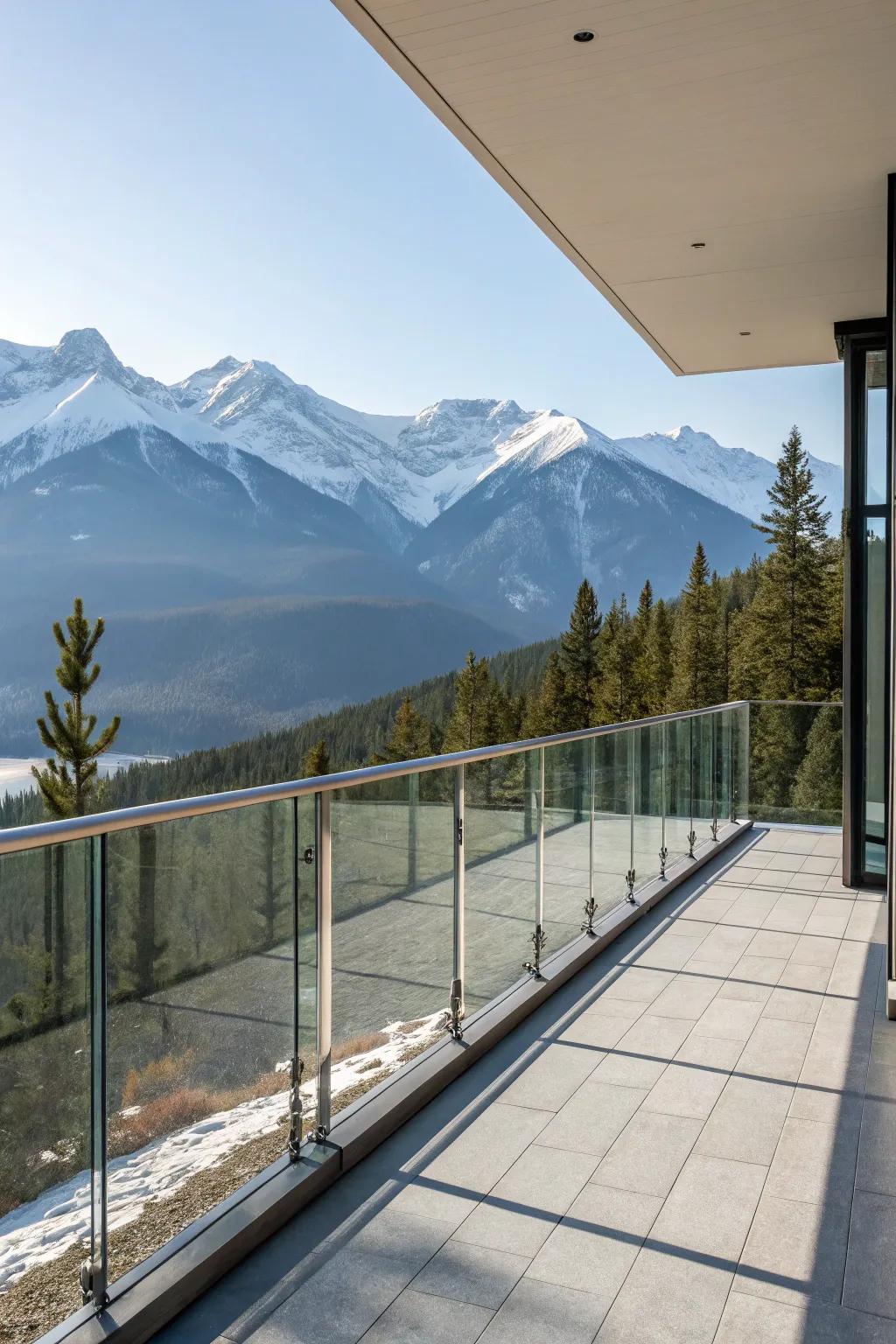 Balcony with floating glass railings overlooking a mountain range