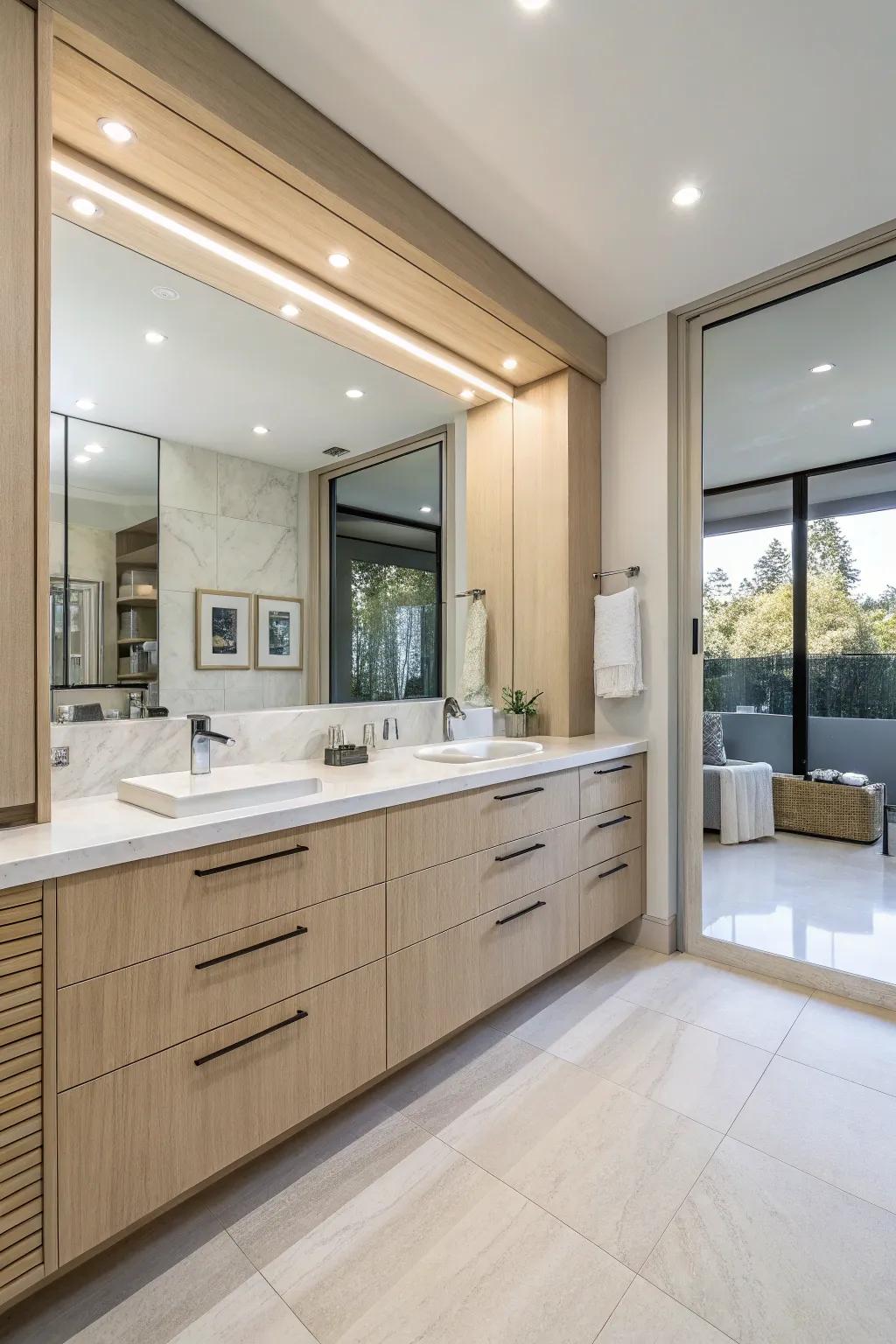 Bright-hued storage units craft an allusion of spaciousness in contemporary restrooms.