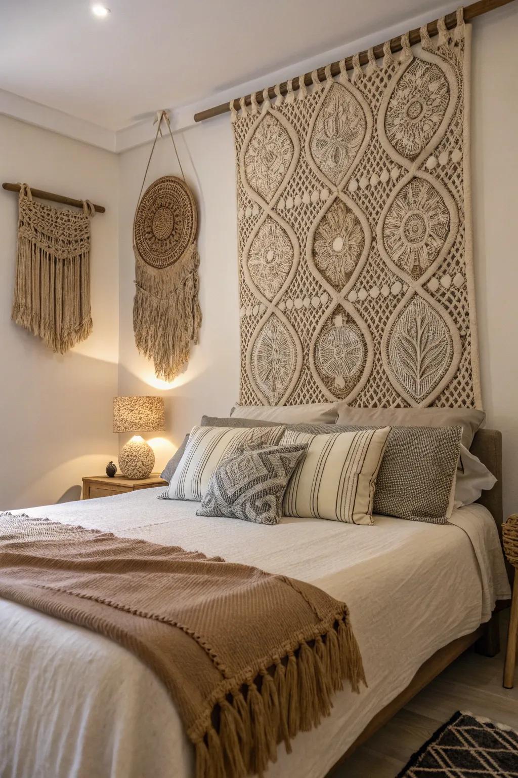 Knitted textures craft a cozy and inviting bed wall.