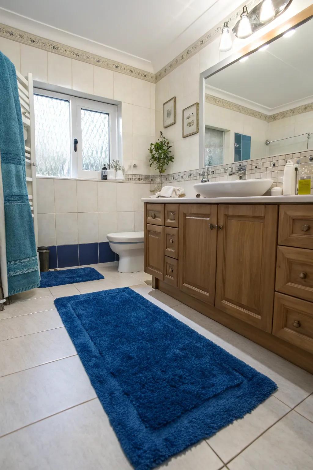 A deep azure floor covering injects warmth and comfort to the floor of this contemporary bathroom.