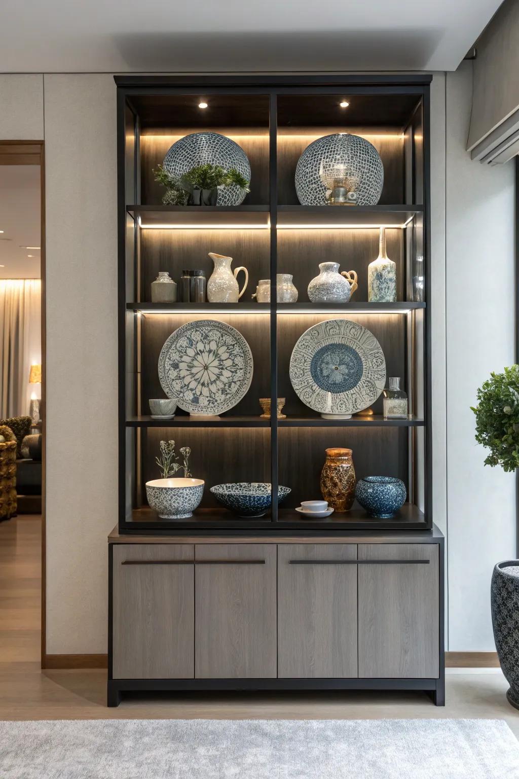 Layered china cabinet display for added depth.