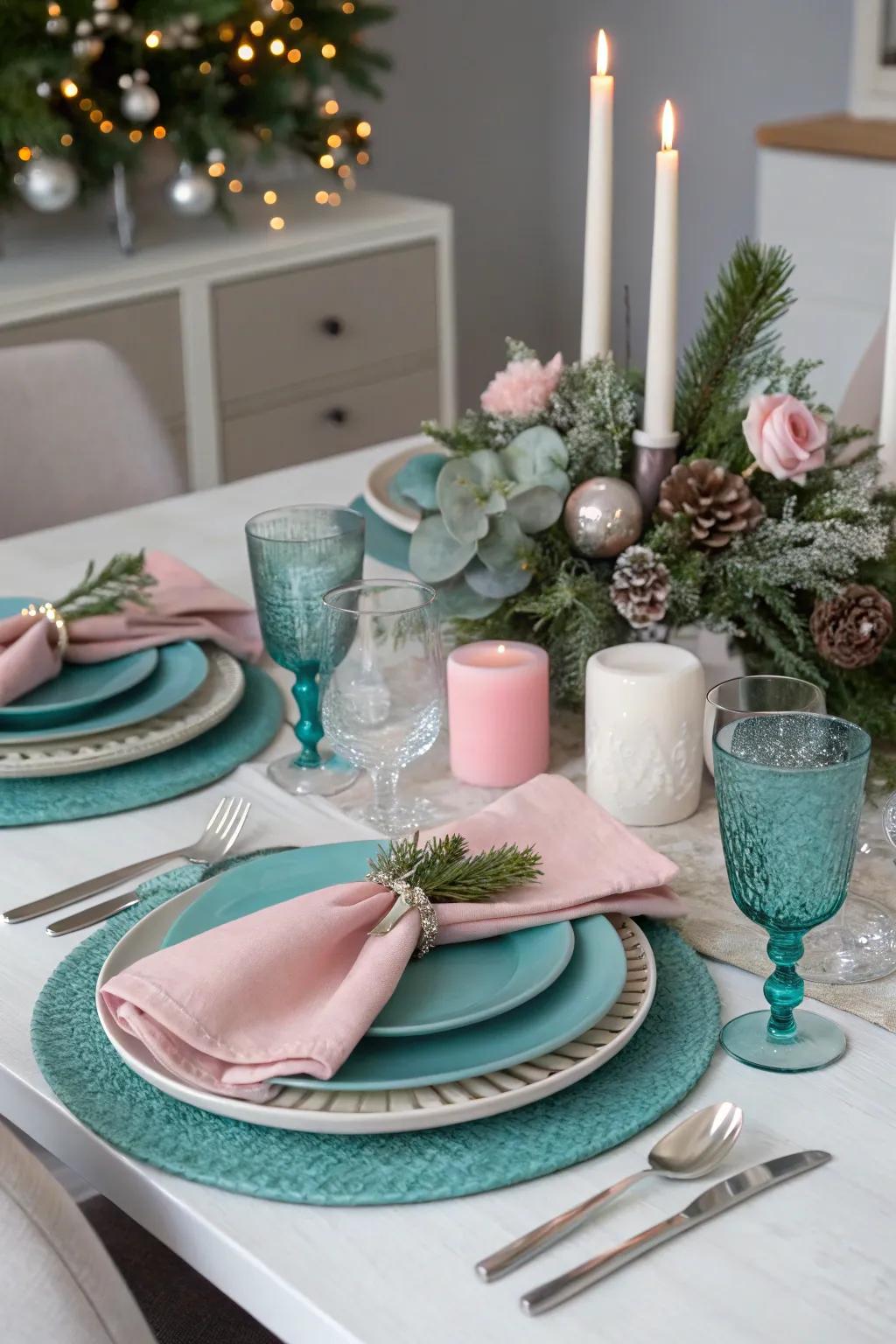 A unique table design utilizing uncommon colors like teal and rose.