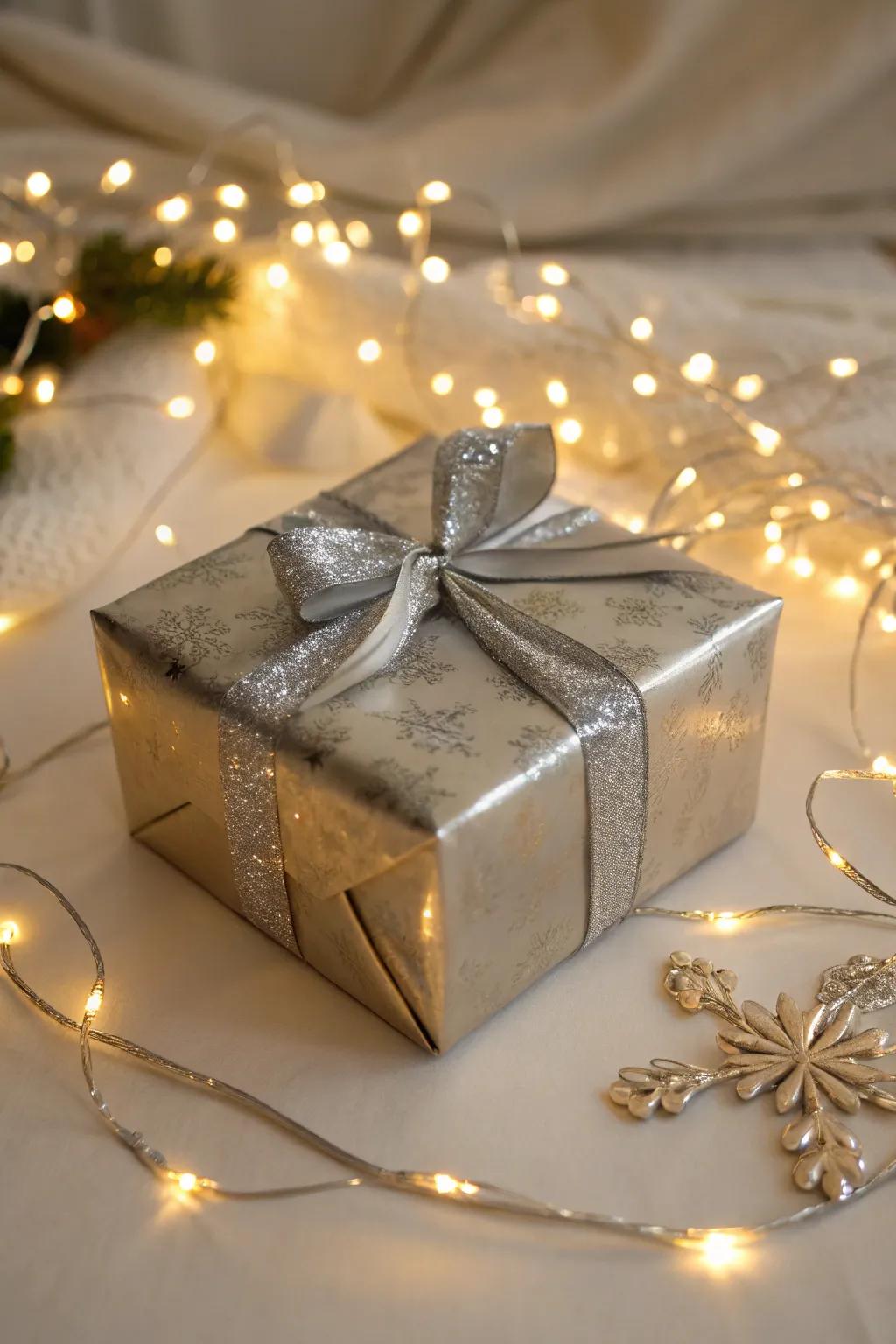 A glamorous gift wrapped with metal inspired features, ideal for a sparkling festive celebration.