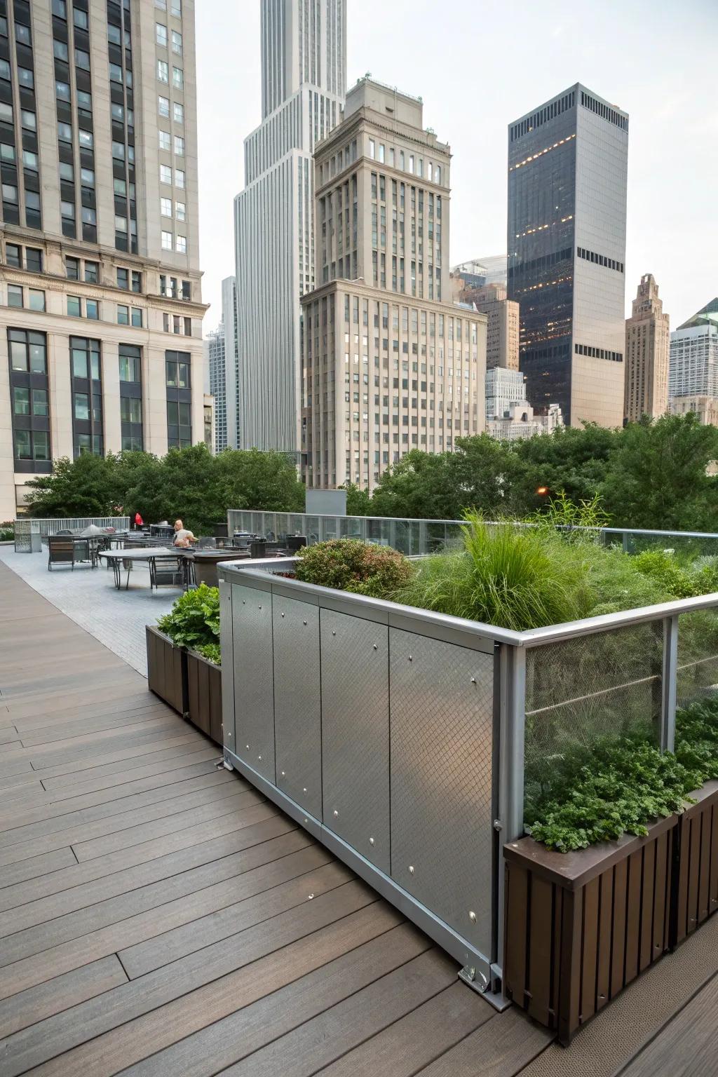 Metal panels offer an industrial edge to deck skirting.