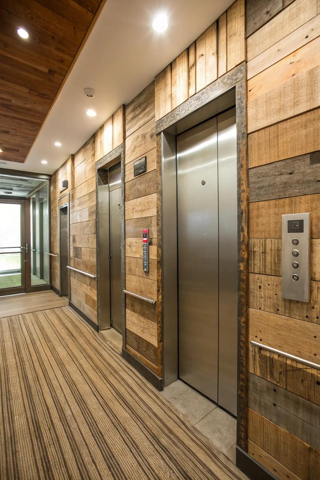 An eco-friendly elevator interior using green materials.