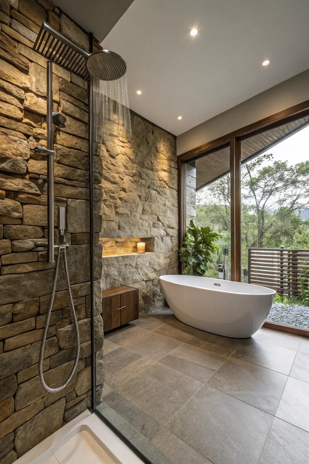 A stone wall includes drama and texture within this modern farmhouse lavatory.