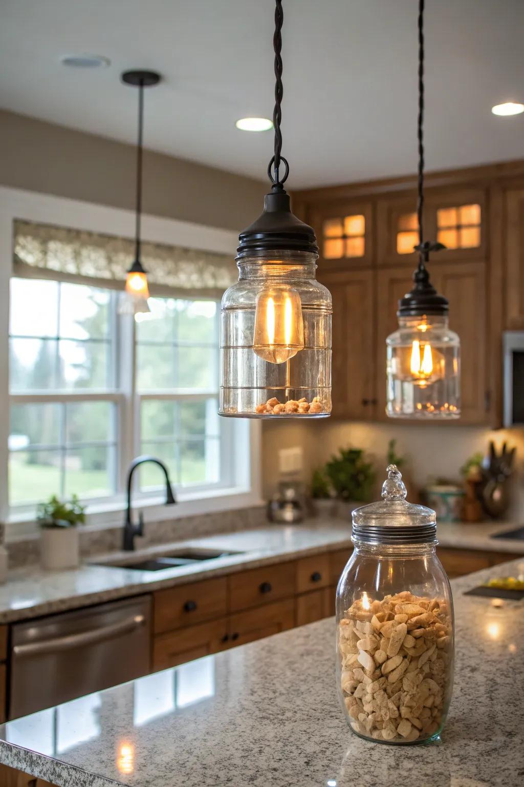 Glass bottle drop lights add nostalgic charm to kitchens.