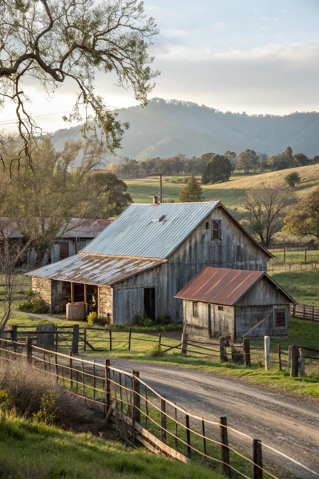 Vintage charm: A farmhouse displaying a distressed shield roof.