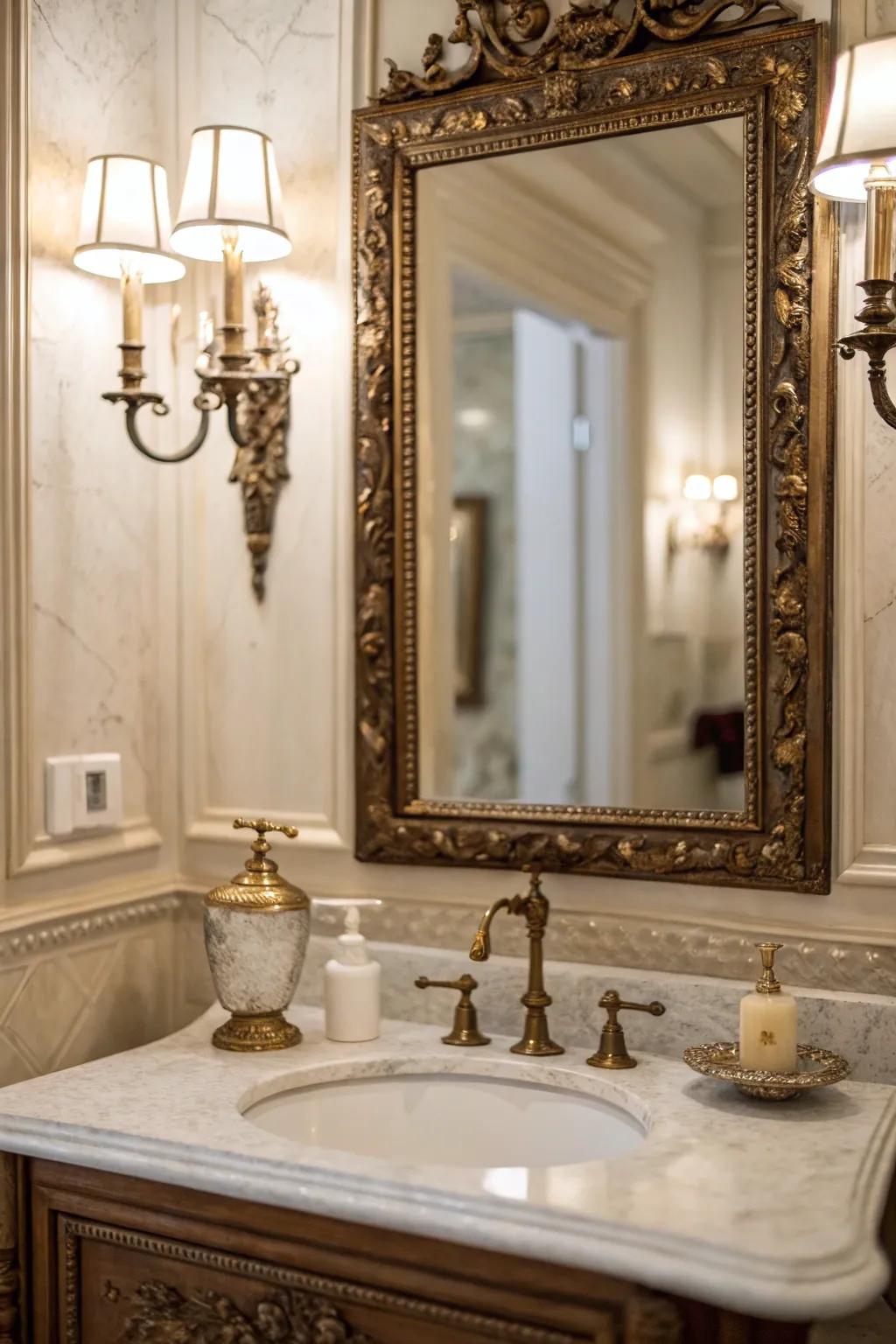 Antique mirror and vintage fixtures in a powder room.
