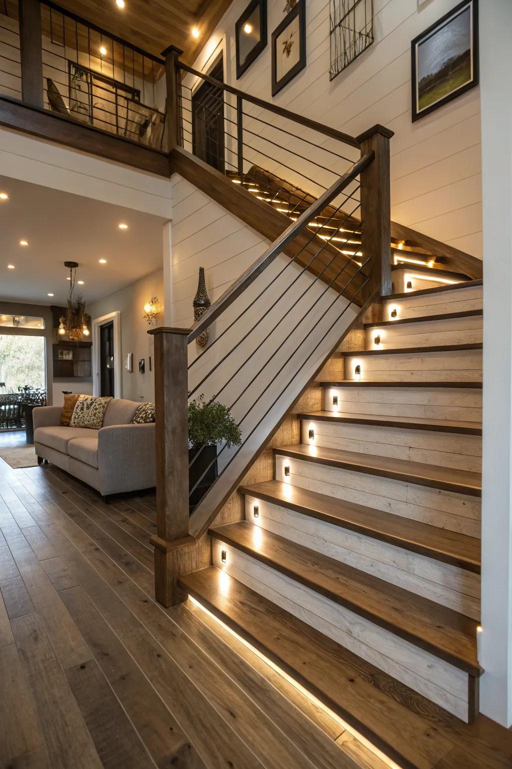 A staircase showcasing integrated step illumination, accentuating its design and functionality.