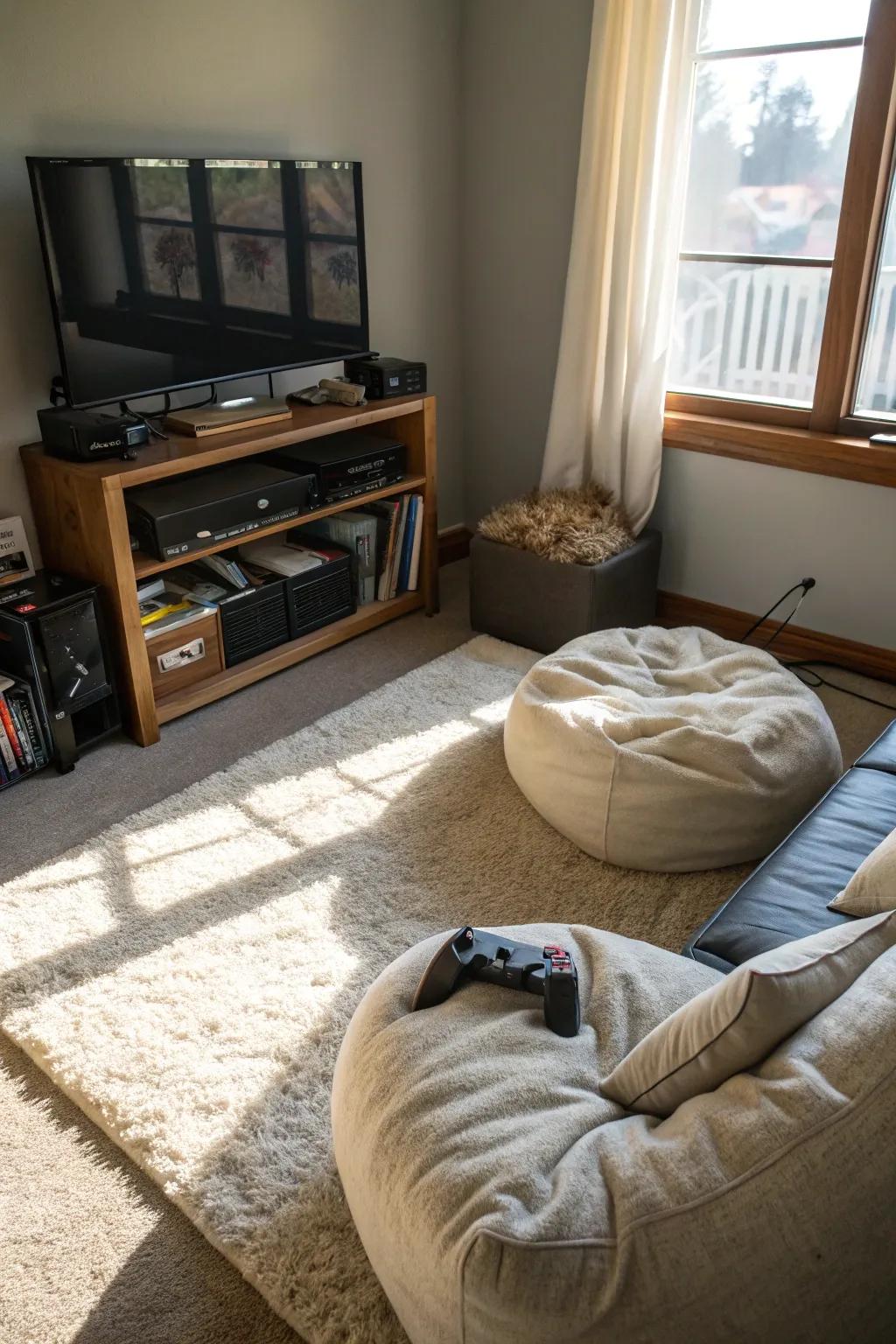 A cozy corner in a gaming bedroom featuring a soft rug and pillows.
