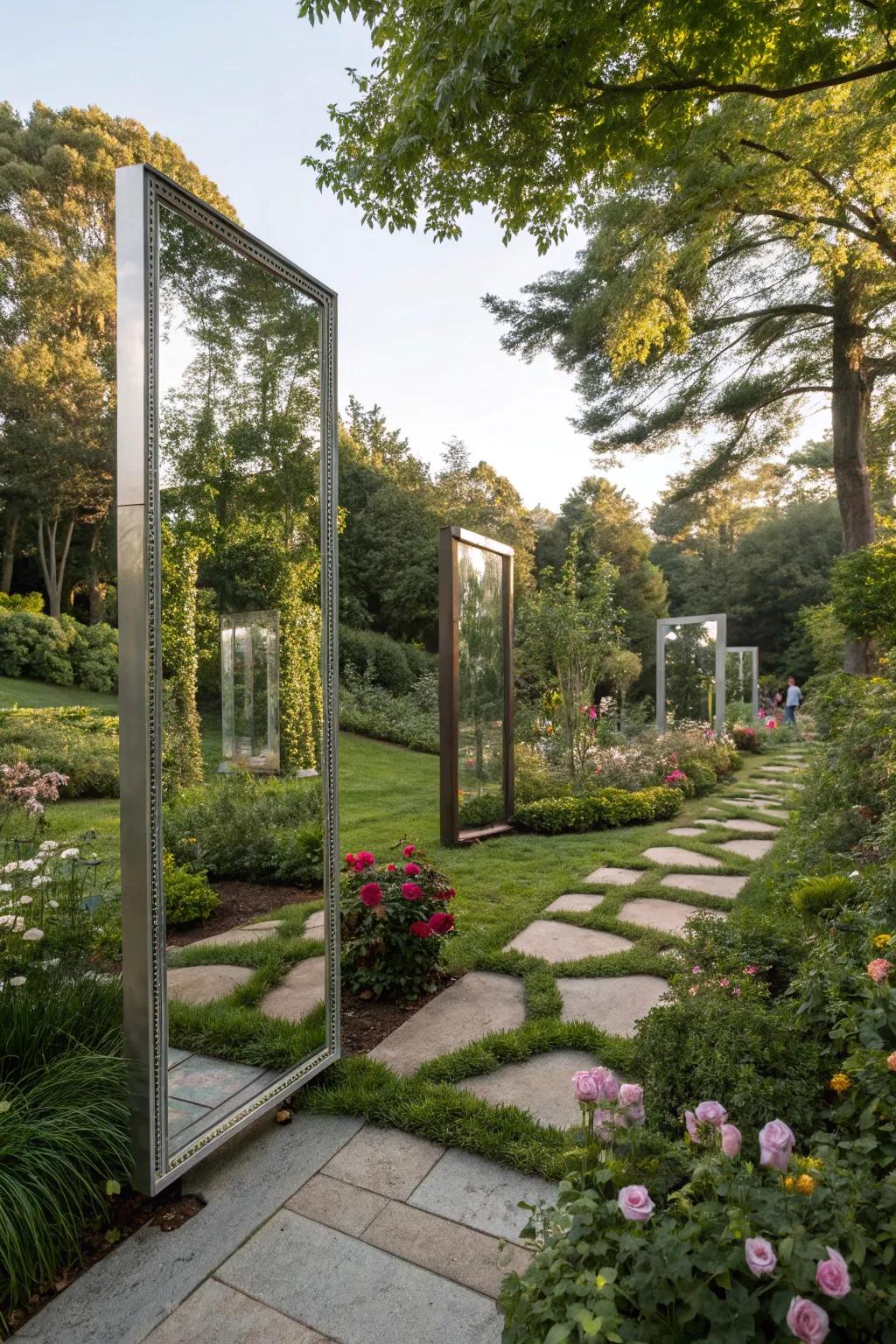 Reflective surfaces broaden the visual space in a modern garden.