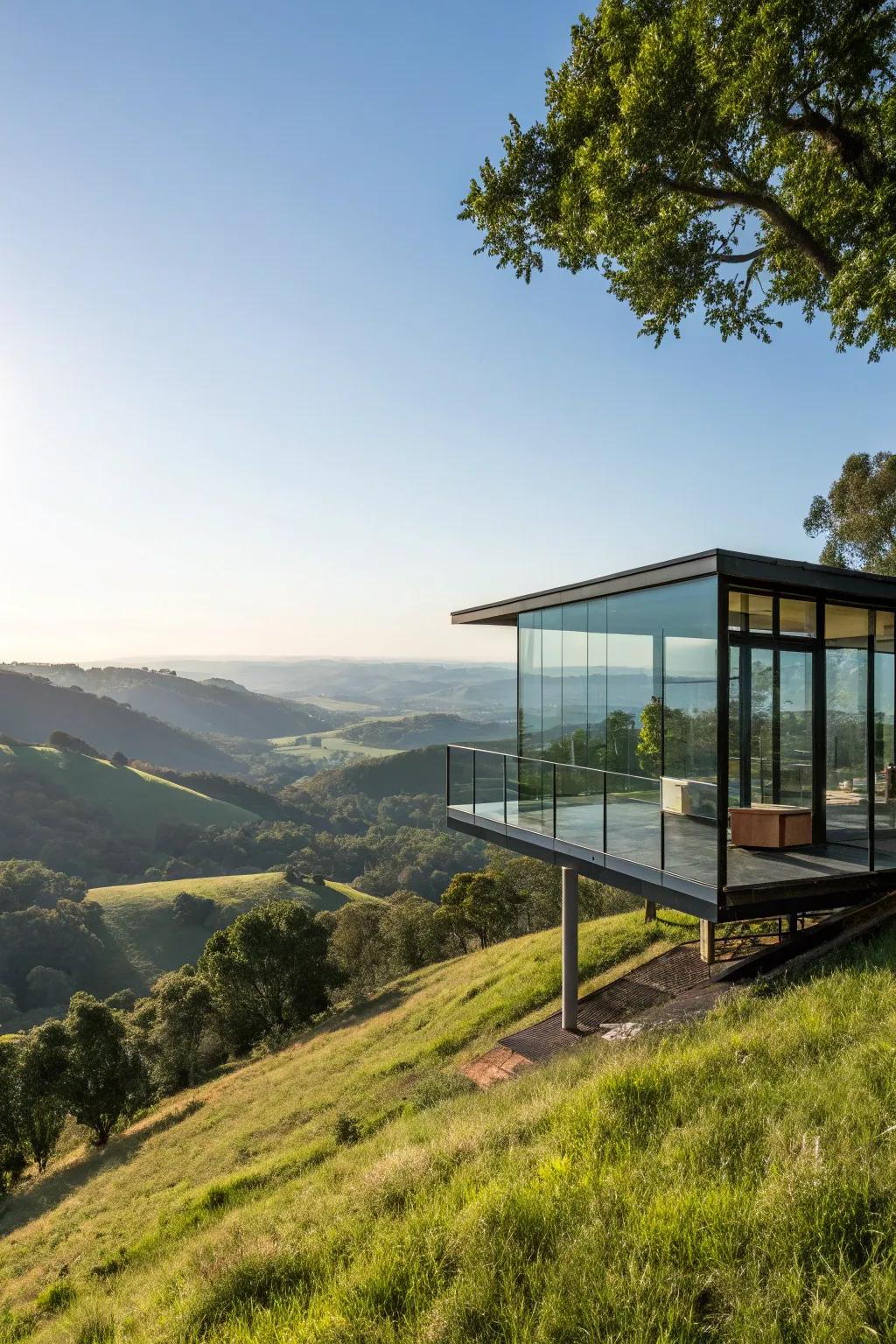 Elevated glass house offering sweeping vistas.