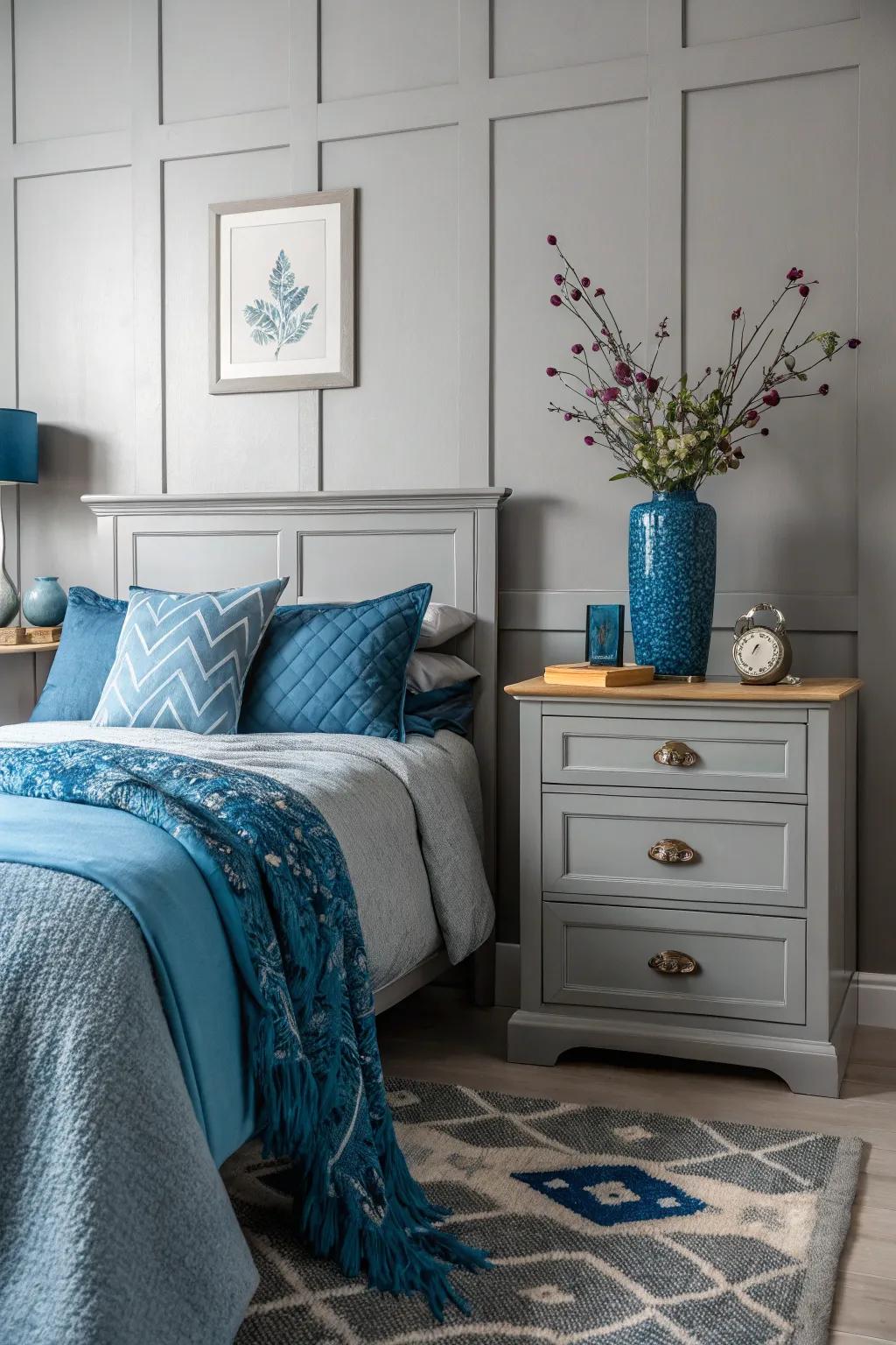 Monochrome pewter with azure accessories adds sophistication to your bedroom.