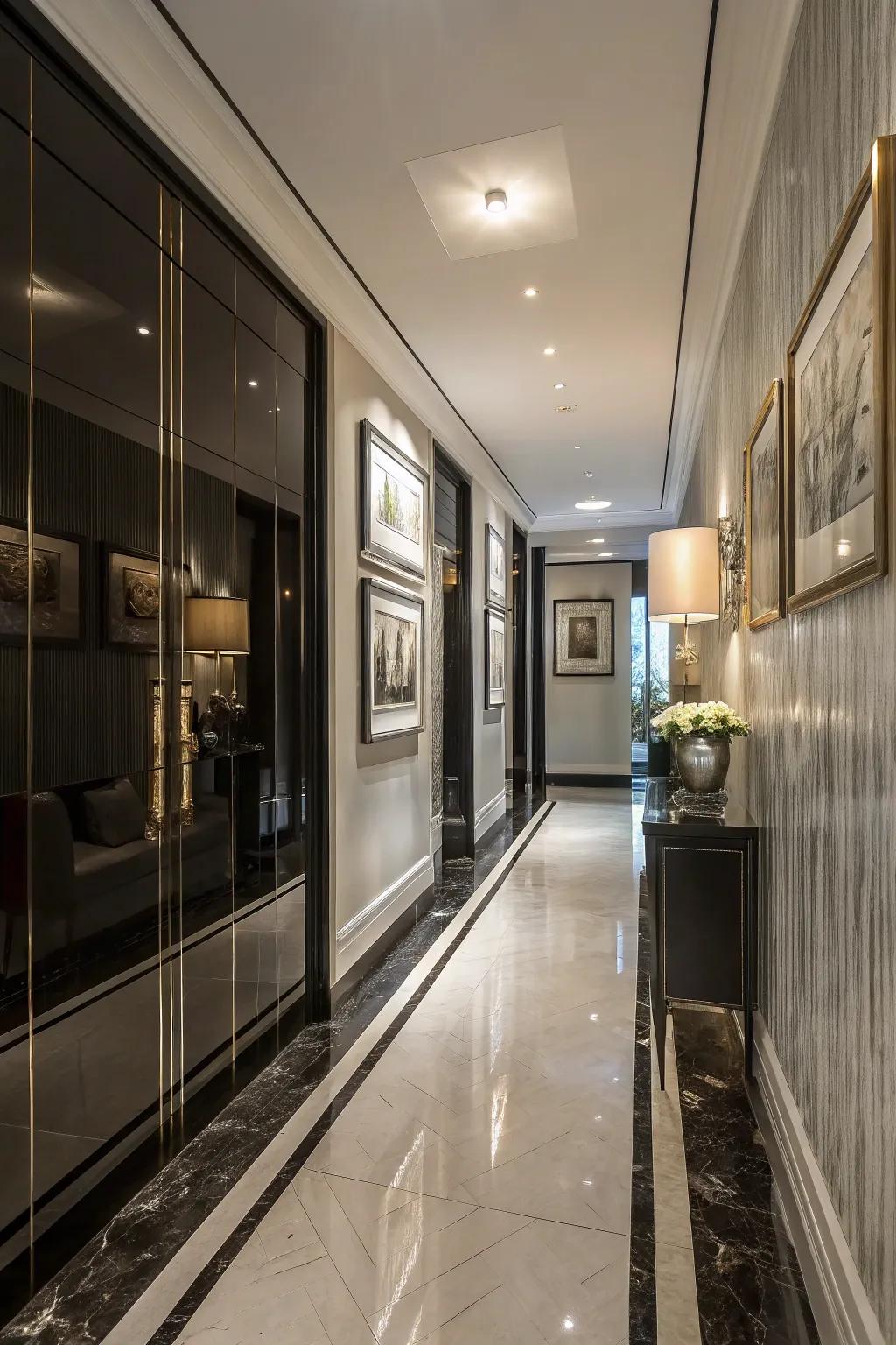High reflectance coating adds a glamorous touch to the hallway.