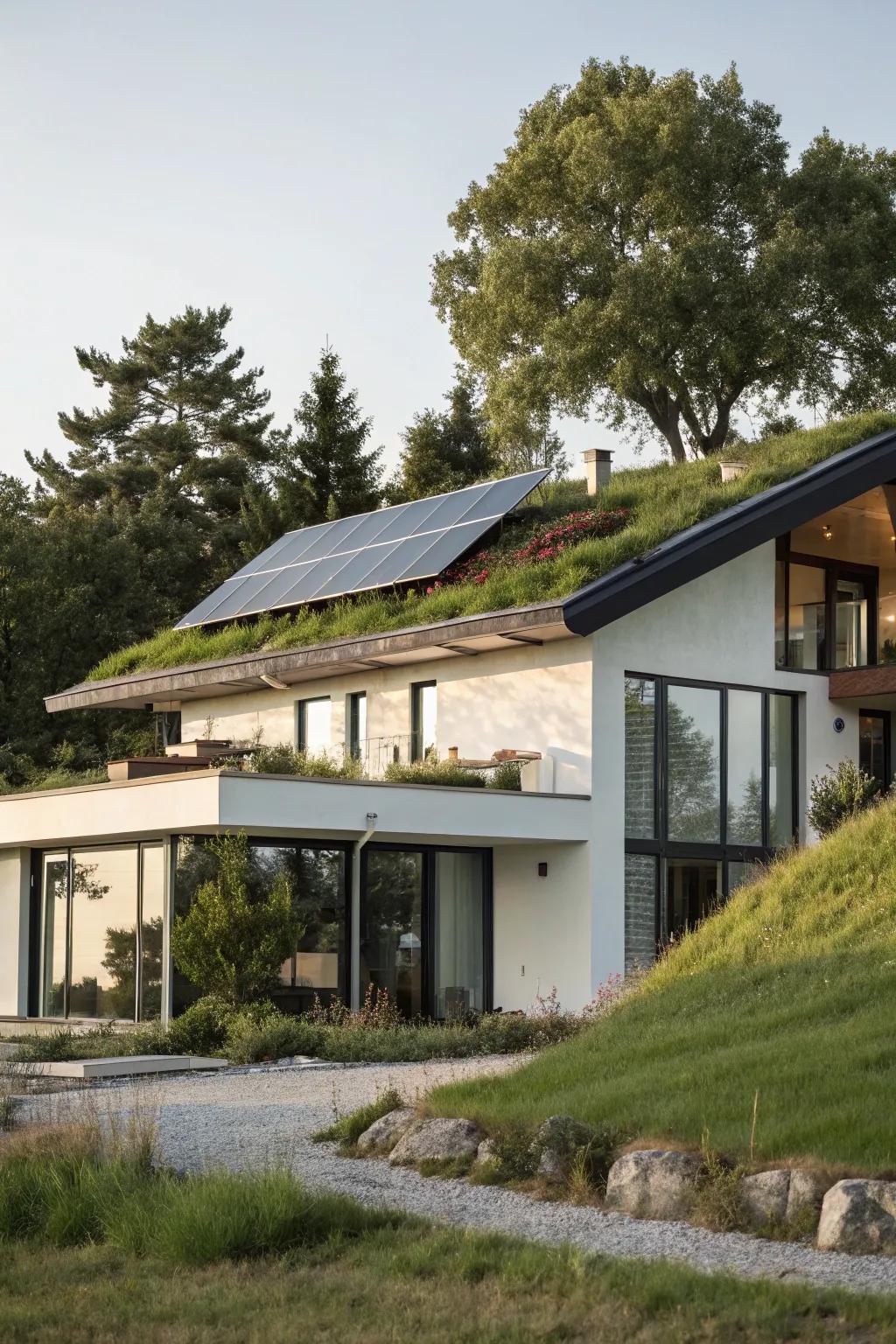 A modern home designed with eco-friendly elements for sustainability.