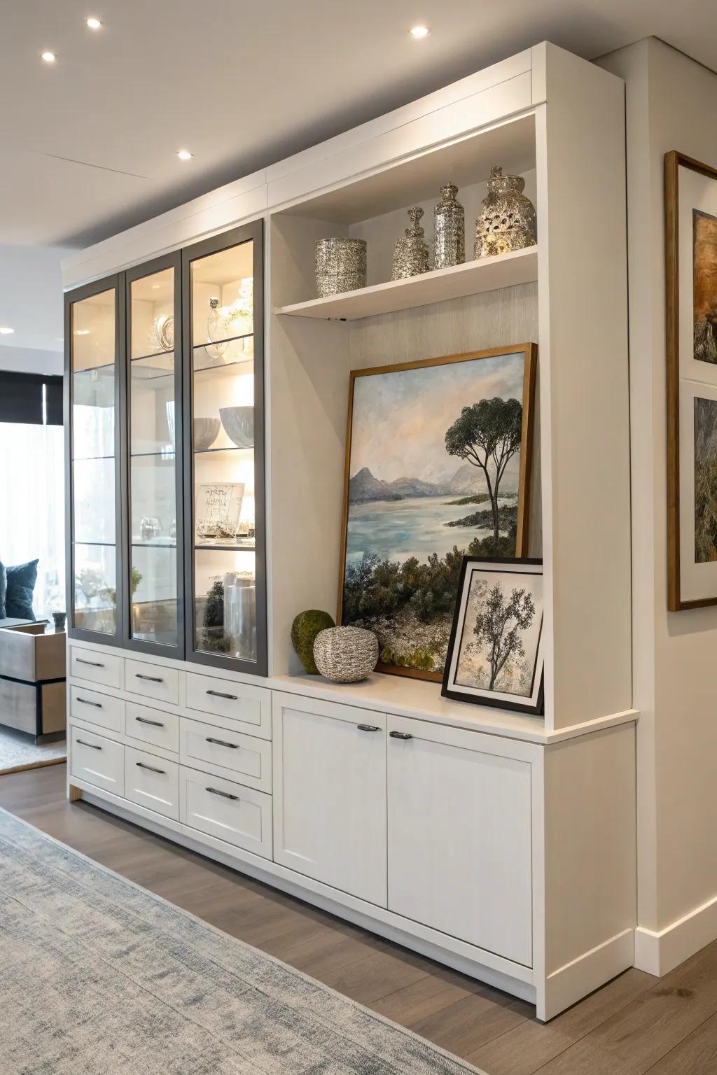 Art pieces add sophistication and a focal point to the cabinet.
