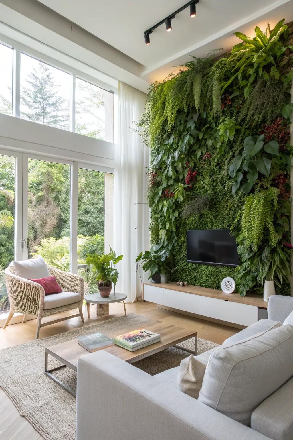 A living plant wall carries vibrancy and a nature-inspired highlight to the modern living space.
