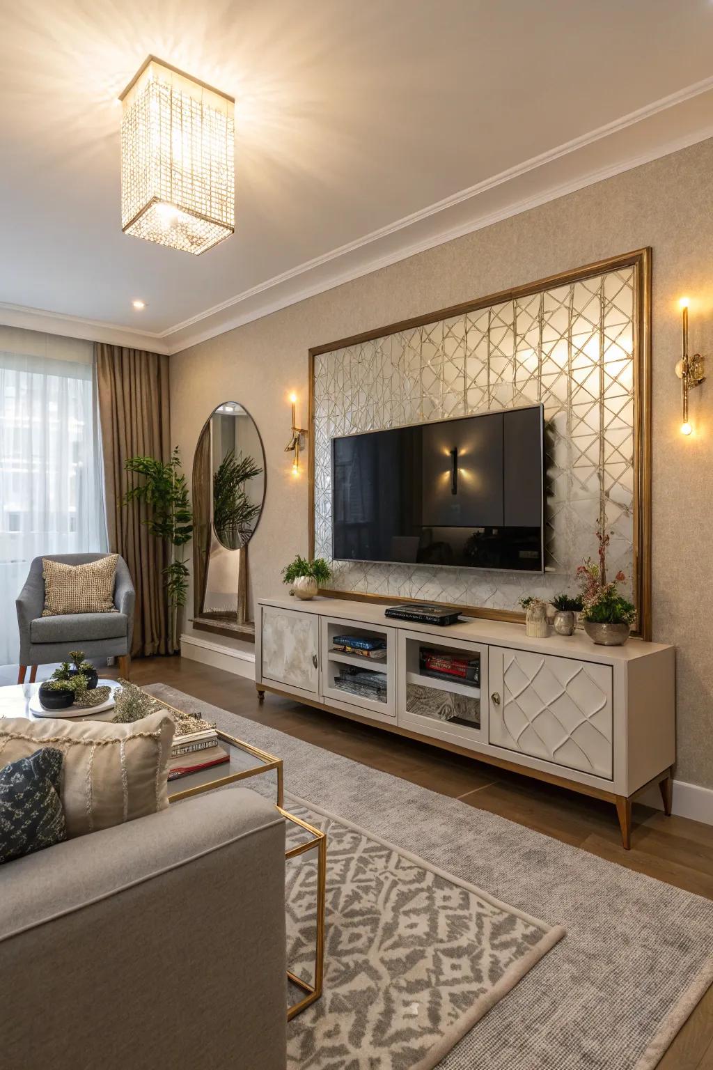 Mirror illusion conceals the TV for a polished and sophisticated media wall.