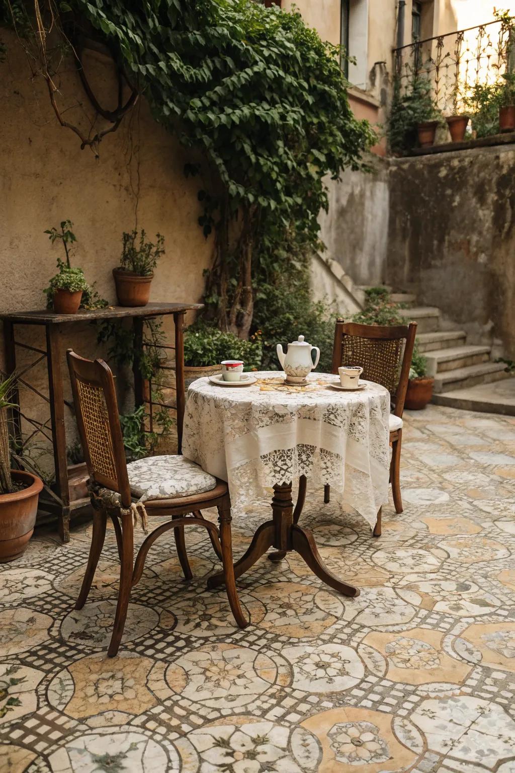 Patterned ground covers bring a vintage feel with intricate designs.
