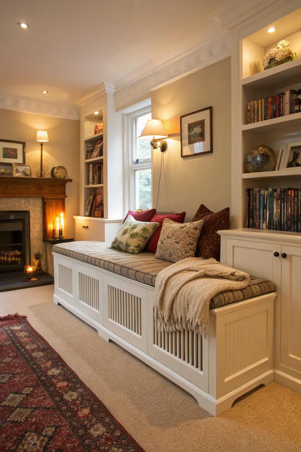 A radiator shield that also serves as a comfortable bench.