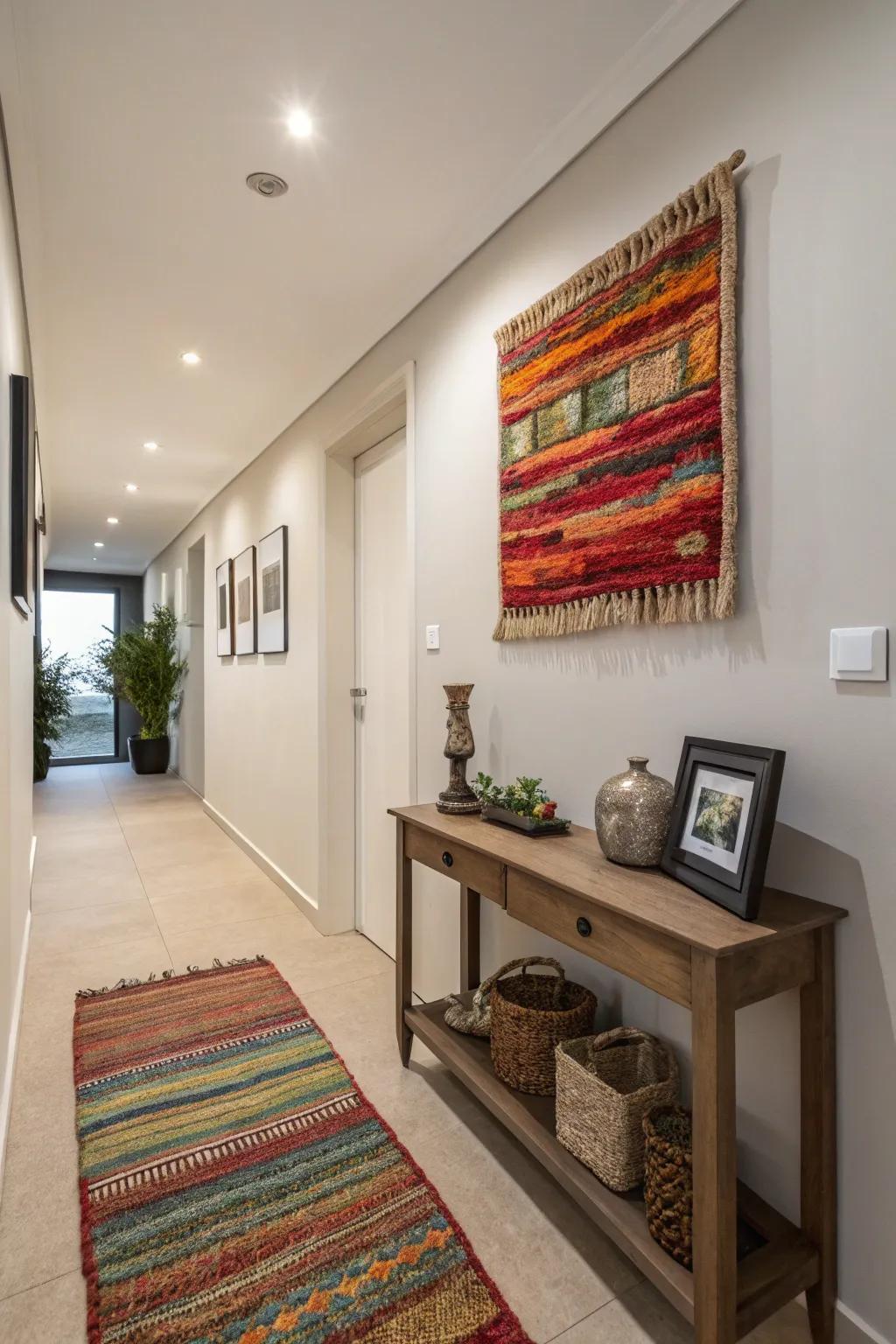 Rugs used as wall art add texture and visual appeal.