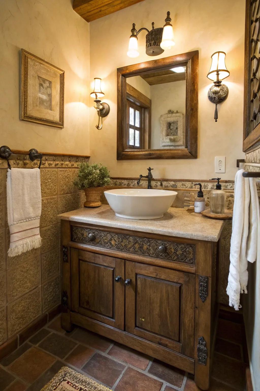 Period hardware contributes ageless elegance to a modern, rural washroom.