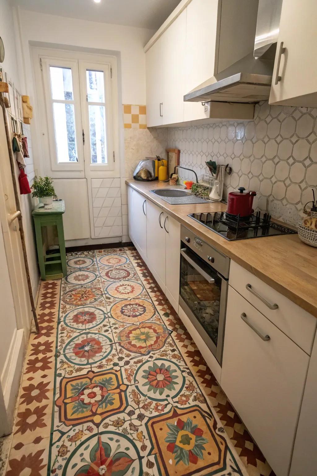 Bold patterned tiles making a statement in a small kitchen