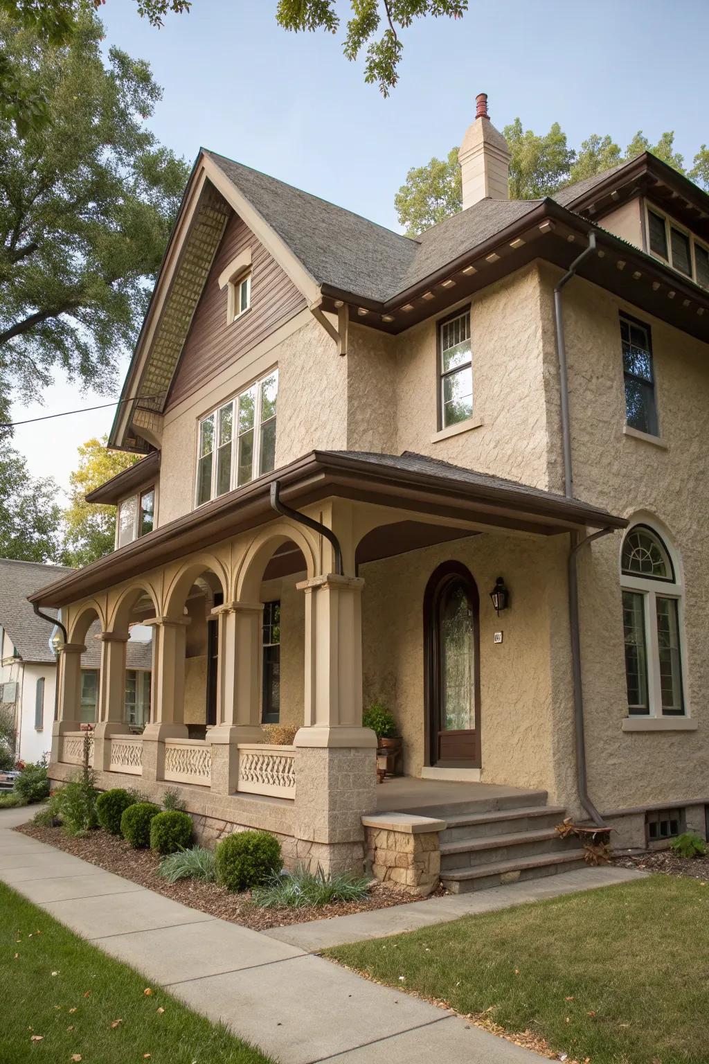 Ageless taupe stucco house showcasing traditional charm.