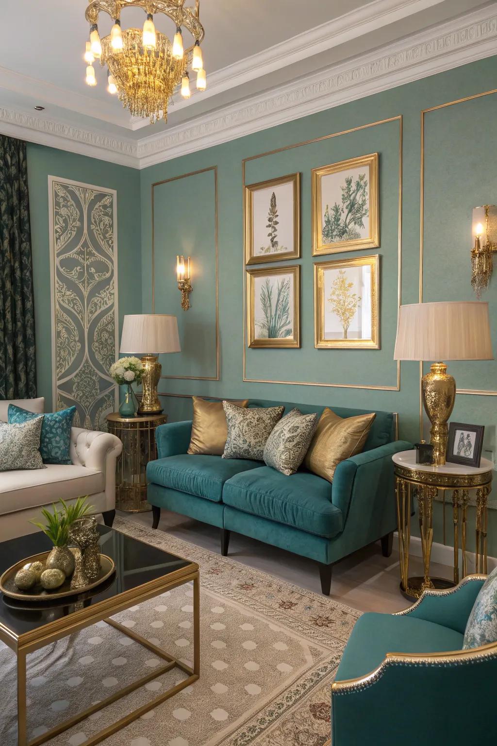 Metallic finishes amplify the opulence of teal in this sophisticated setting.