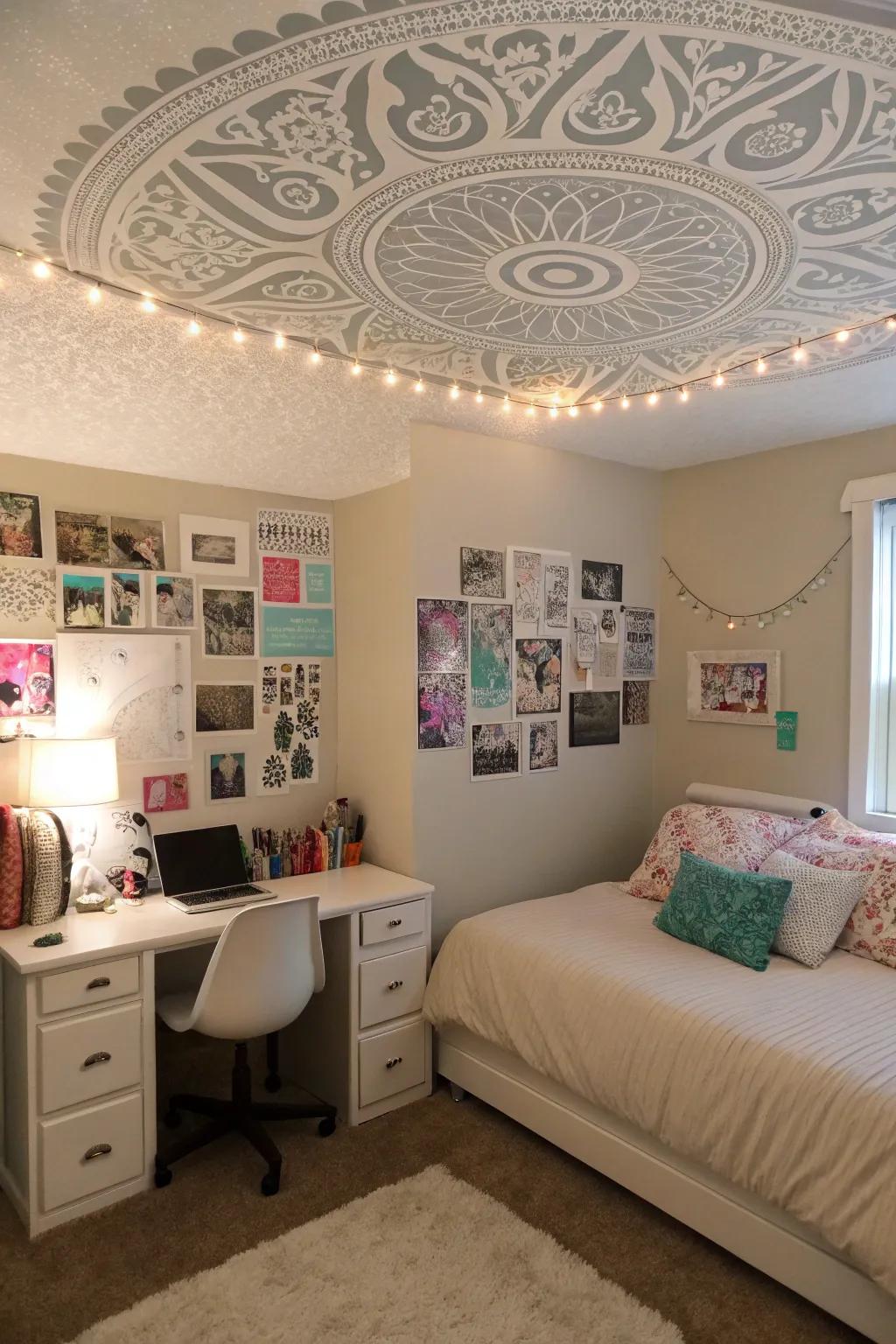 A feature ceiling imparts an unforeseen flair to the design.
