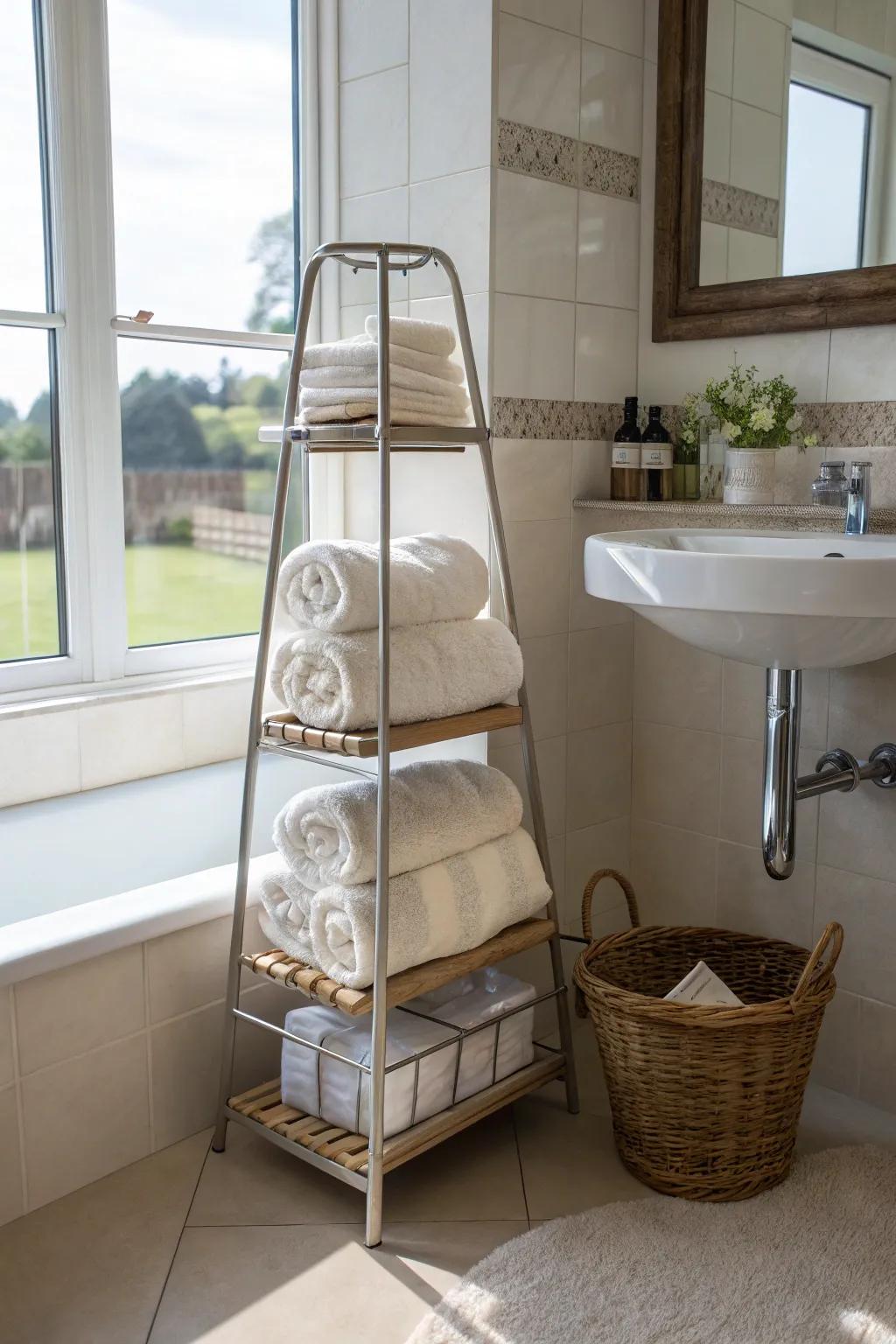 Layered organization with a tiered towel stand.