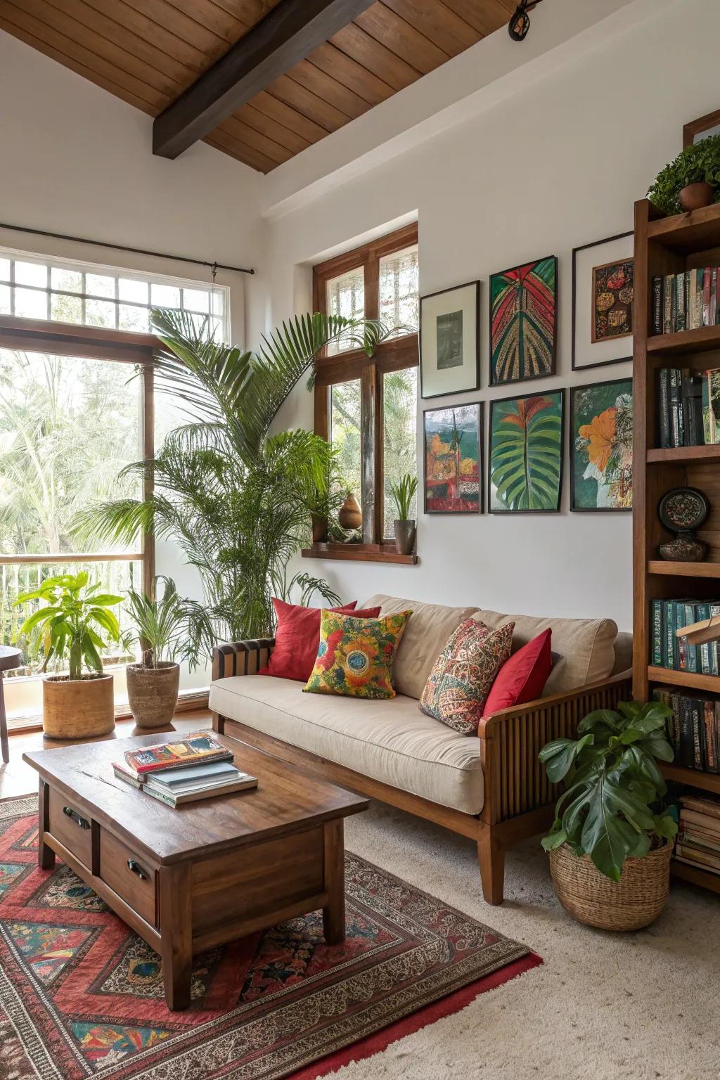 An assortment of designs produces a tailored tropical getaway.