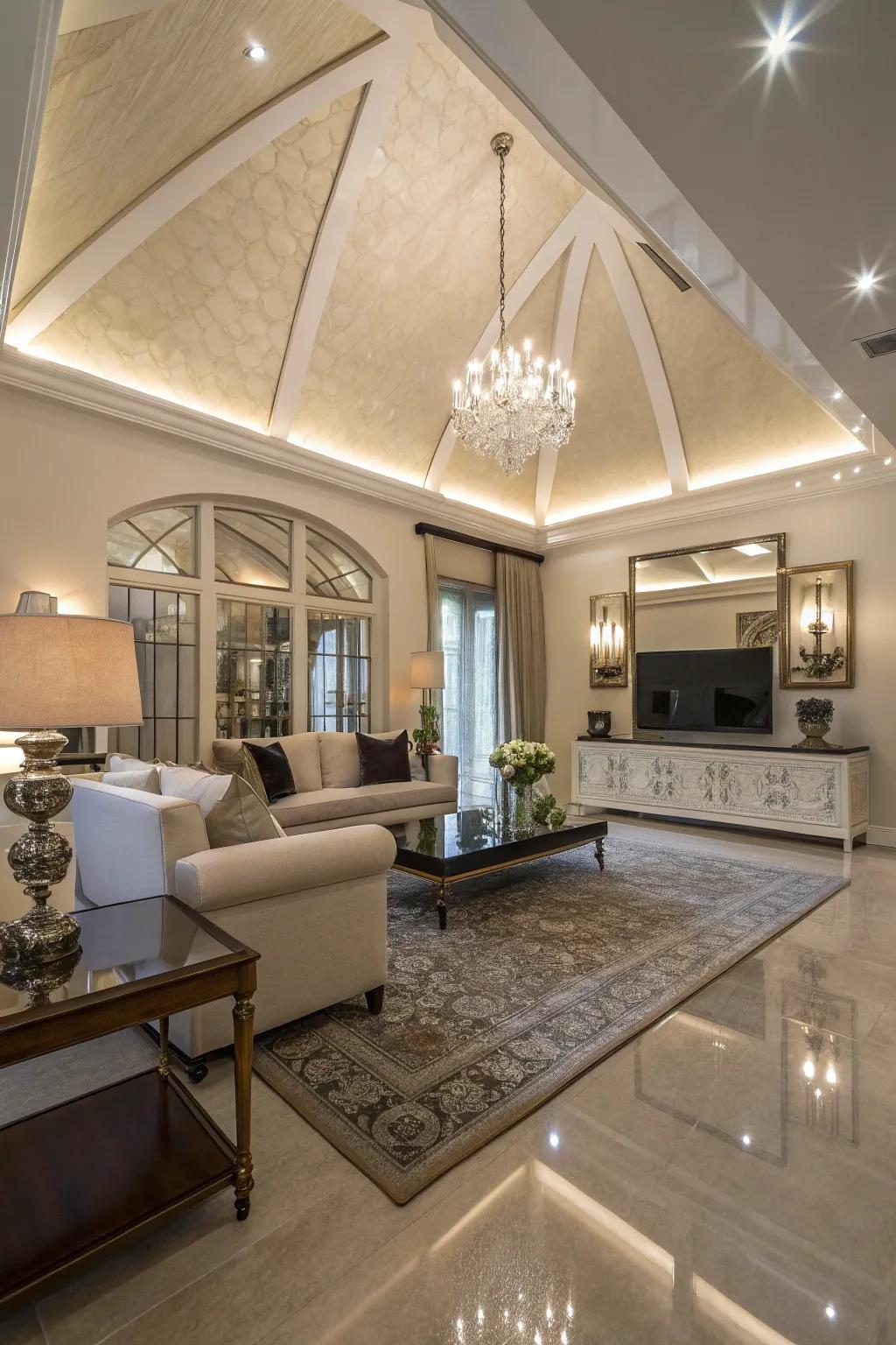 Reflective panels enhance light and space, adding sophistication to this living room.