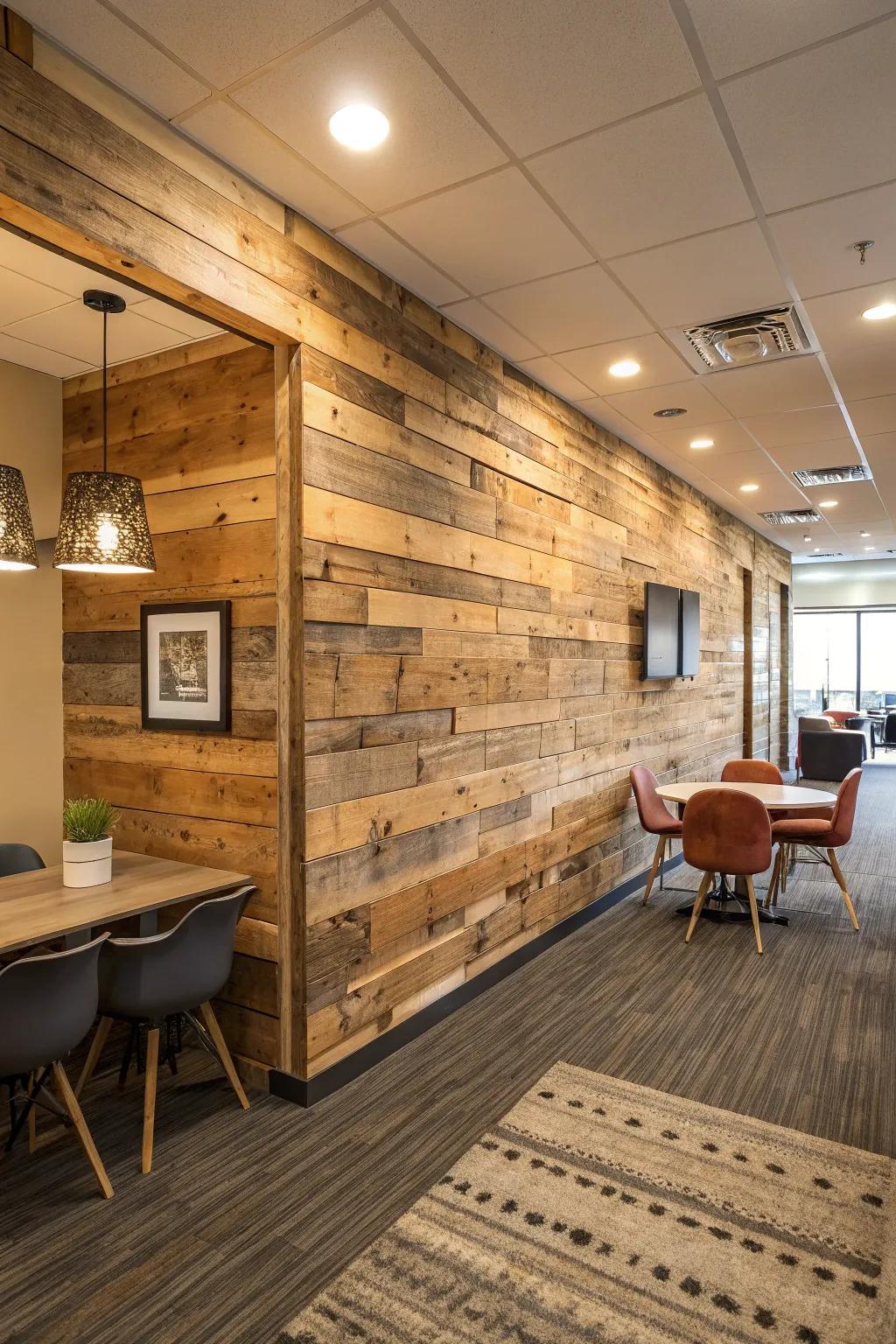 Reclaimed wood panels adding warmth to a modern office.