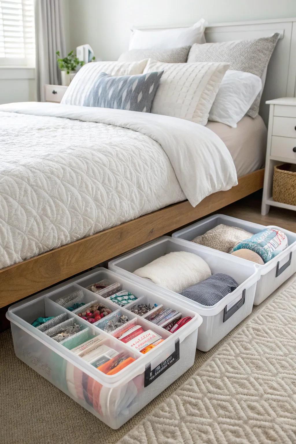 Under-bed storage contributes to keeping a tidy and organized bedroom.