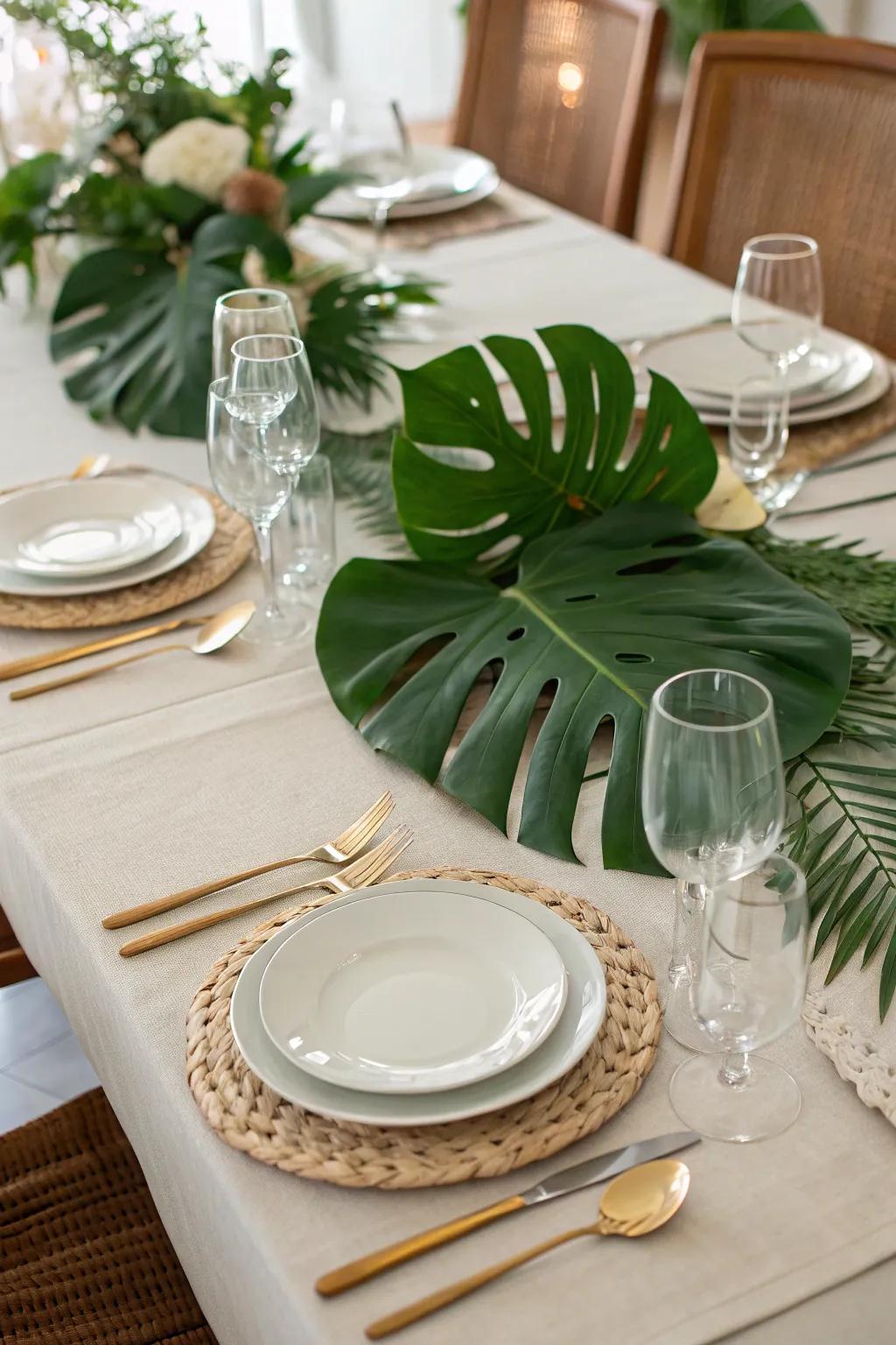 A chic table centerpiece made from split-leaf philodendron fronds.
