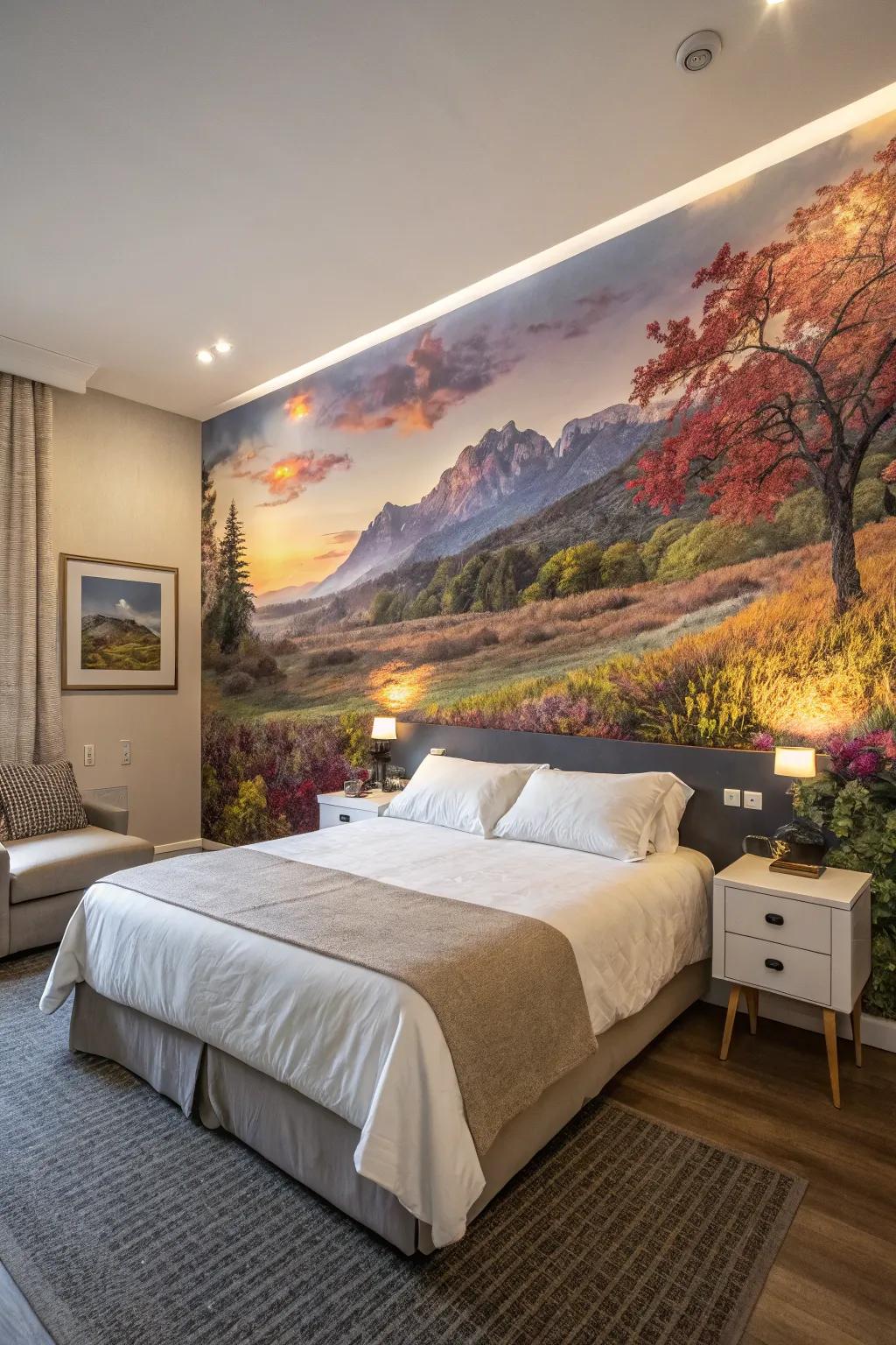A designer bedroom with a beautiful feature wall showing an intricate mural.