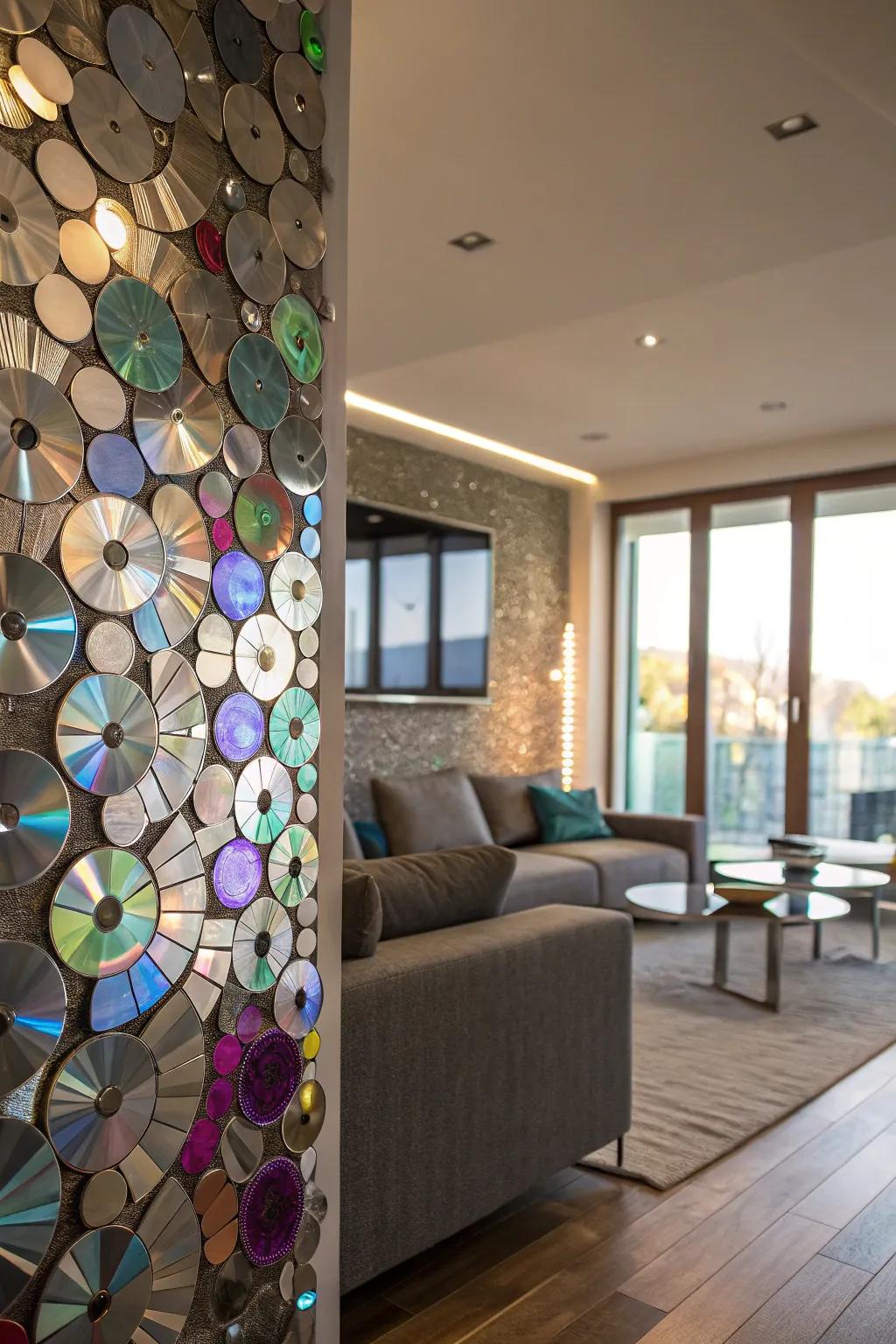 Compact disc shards contribute a dazzling, reflective attribute to mosaics.